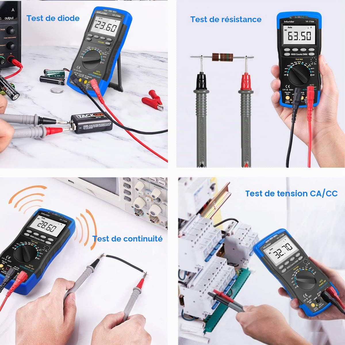 Multimètre Numérique 6000 Comptes INFURIDER YF-770N Testeur de Tension à Plage Automatique AC DC Amp Volt Ohm Mètre pour Capacité, Continuité et Diode, Multi-testeur avec Protection Mécanique