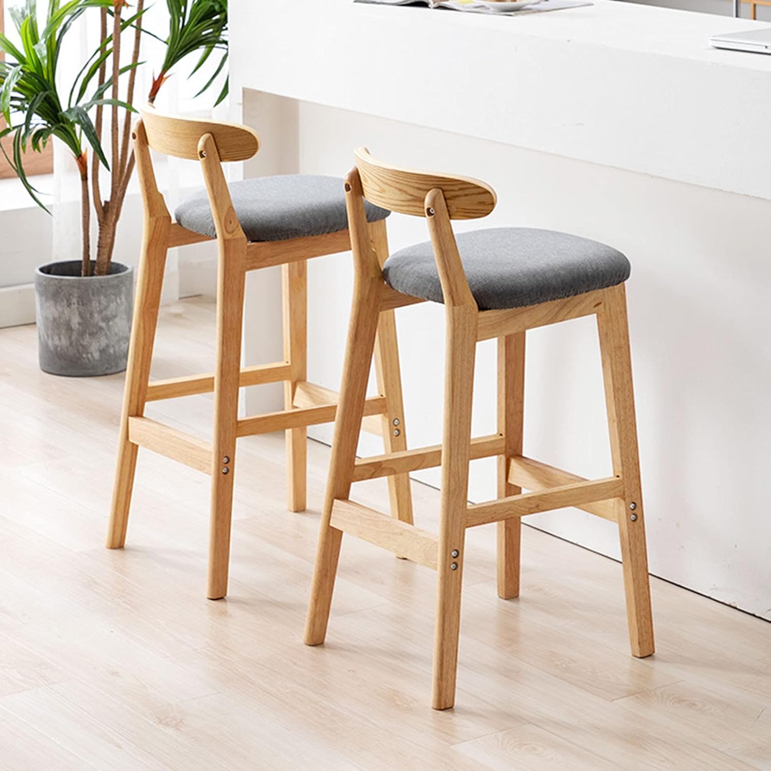 Bar Stools Set of 2, Rustic Counter Height Stool for Kitchen Island, Natural Solid Wood Footrest for Kitchen Counter,Home Bar,Dining Room,Grey,65cm