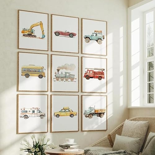 Miniatura 7 de Arte de pared de automóvil para habitación de niños pequeños, decoración de lienzo para construcción de pared, camión, transporte, póster de