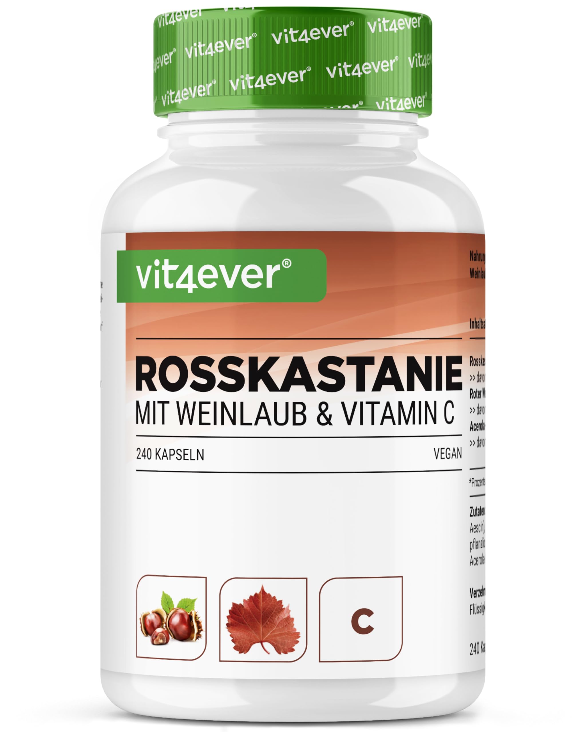 Extrait de marron d'Inde - 240 gélules - Hautement dosé avec 1330 mg d'extrait par portion journalière - Marron d'Inde avec feuilles de vigne & vitamine C d'acérola - Sans additif indésirable, végétal