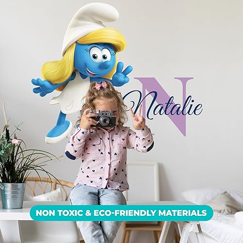Miniatura 5 de EGD Decoración de pared para niños con nombre personalizado e inicial, los pitufos, serie EGD X The Pitufos, calcomanía de pared personalizada para