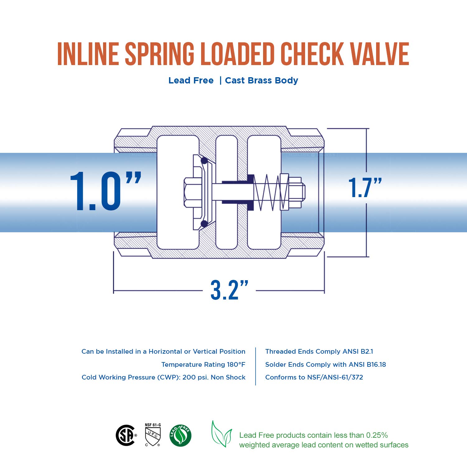 Midline Valve 372U322 Válvula de retención con resorte en línea, prevención de reflujo, conexiones FIP sin plomo de 1 pulgada, latón fundido