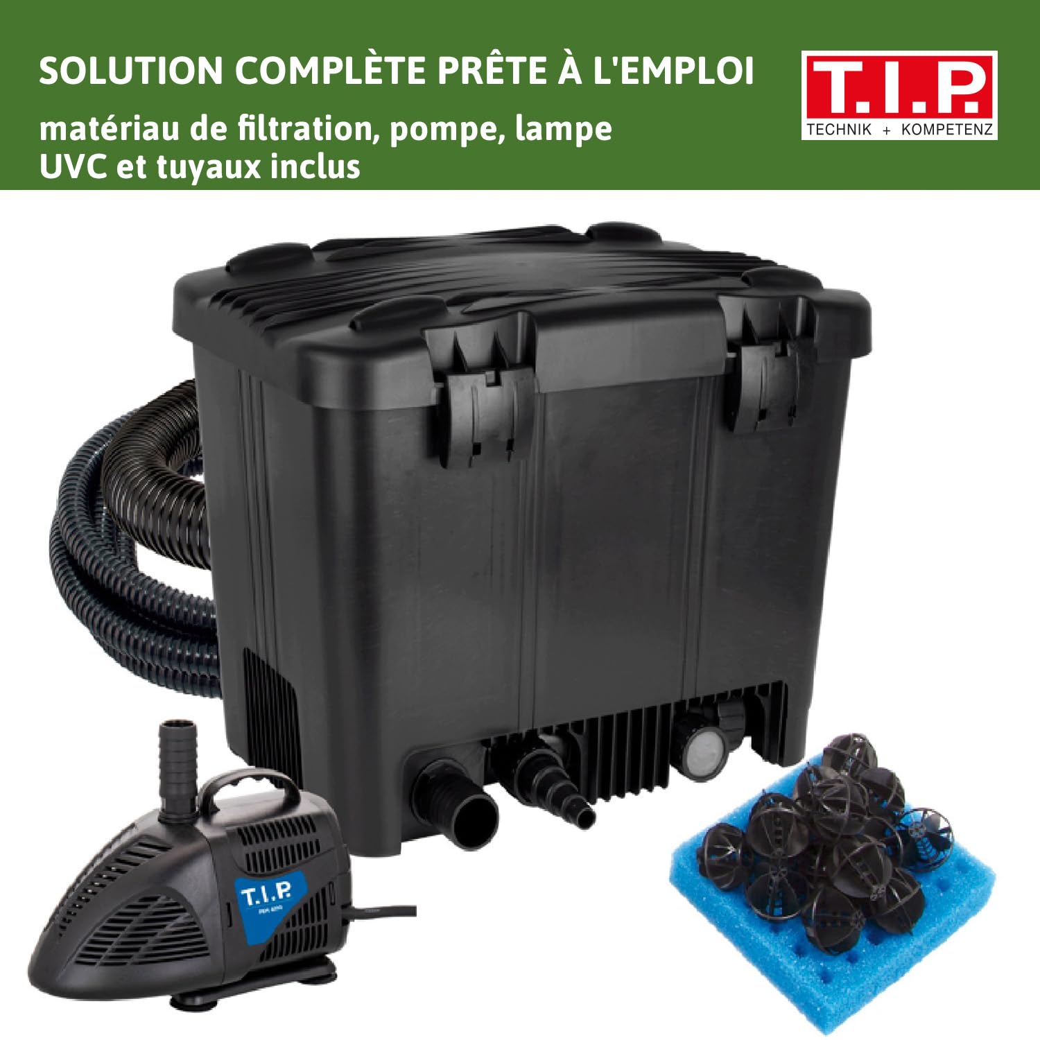 T.I.P. WDF 20000 UV 11 Filtre de Bassin Extérieur jusqu'à 20000 l Technologie UV-C 18 W Wet-and-Dry avec Différents Niveaux d'Efficacité Système Complet et Pompe Vortex de 50 W Couleur Noir