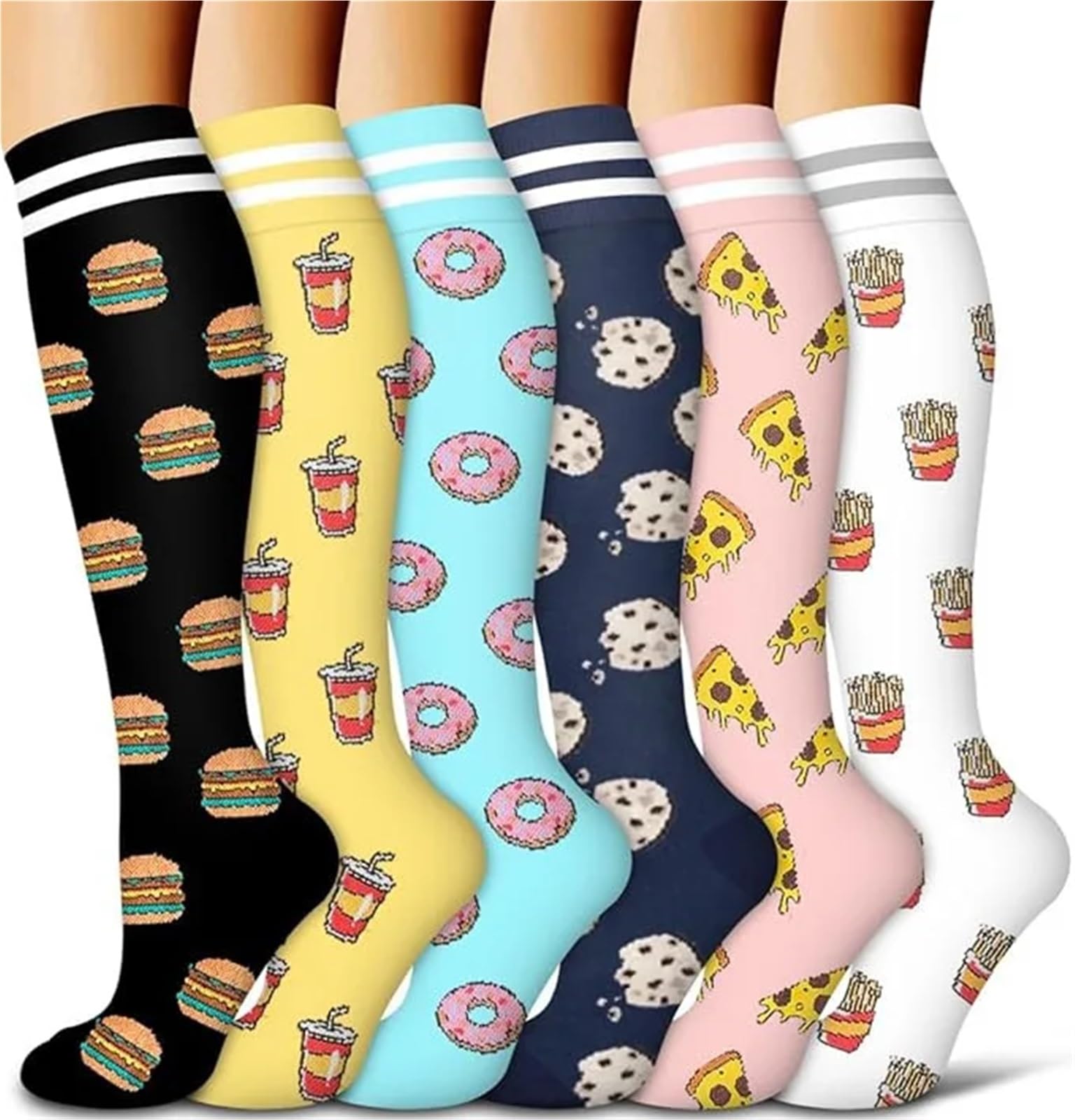 6 par/lote calcetines de compresión animales coloridos senderismo baloncesto fútbol presión varicosa medias de nailon hombres mujeres triangulación de envíos(Burger and fries,S-M)