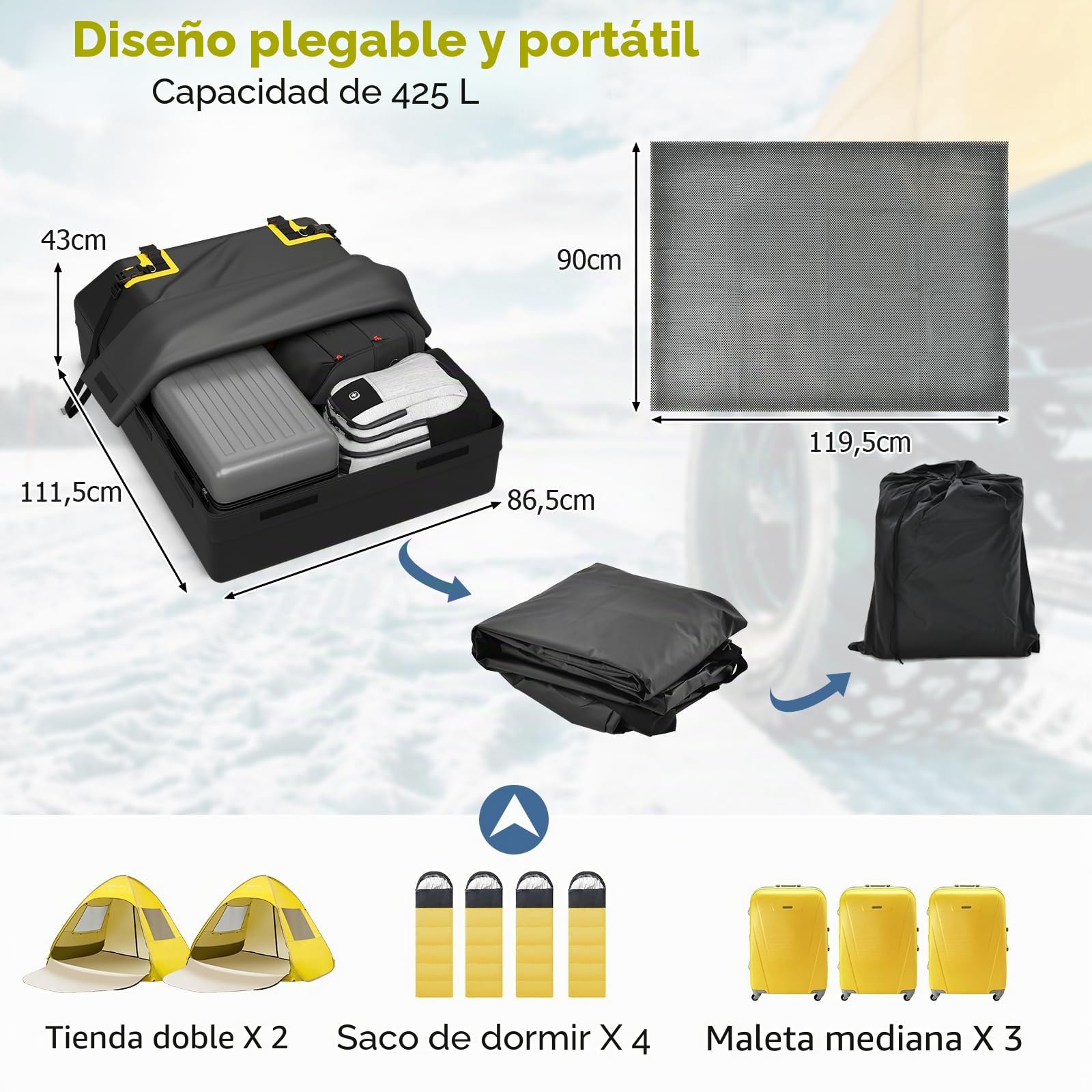 GOPLUS Cofre de techo para coche de 400 L, impermeable, para coche con/sin portaequipajes, con alfombrilla antideslizante y 6 ganchos para puerta, caja de almacenamiento para viajes y transporte de