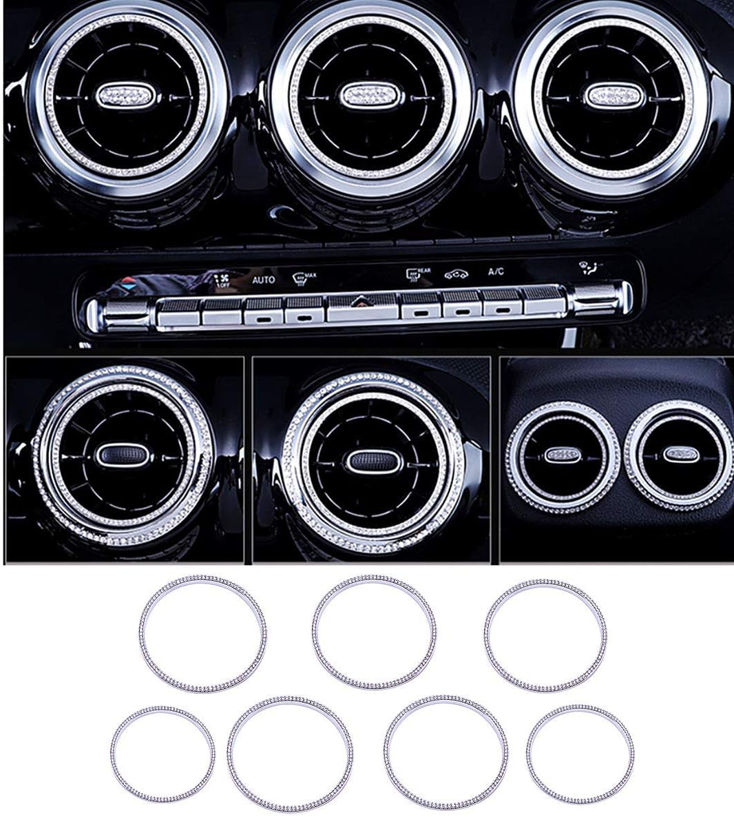 Bling Accessories Fit for Mercedes Benz 2020-2023 B Class GLB Knob Button Internal Decoration 3D Rhinestones Decal Cover Applique Ring (Outer Ring of air Outlet 7 pc/Set)