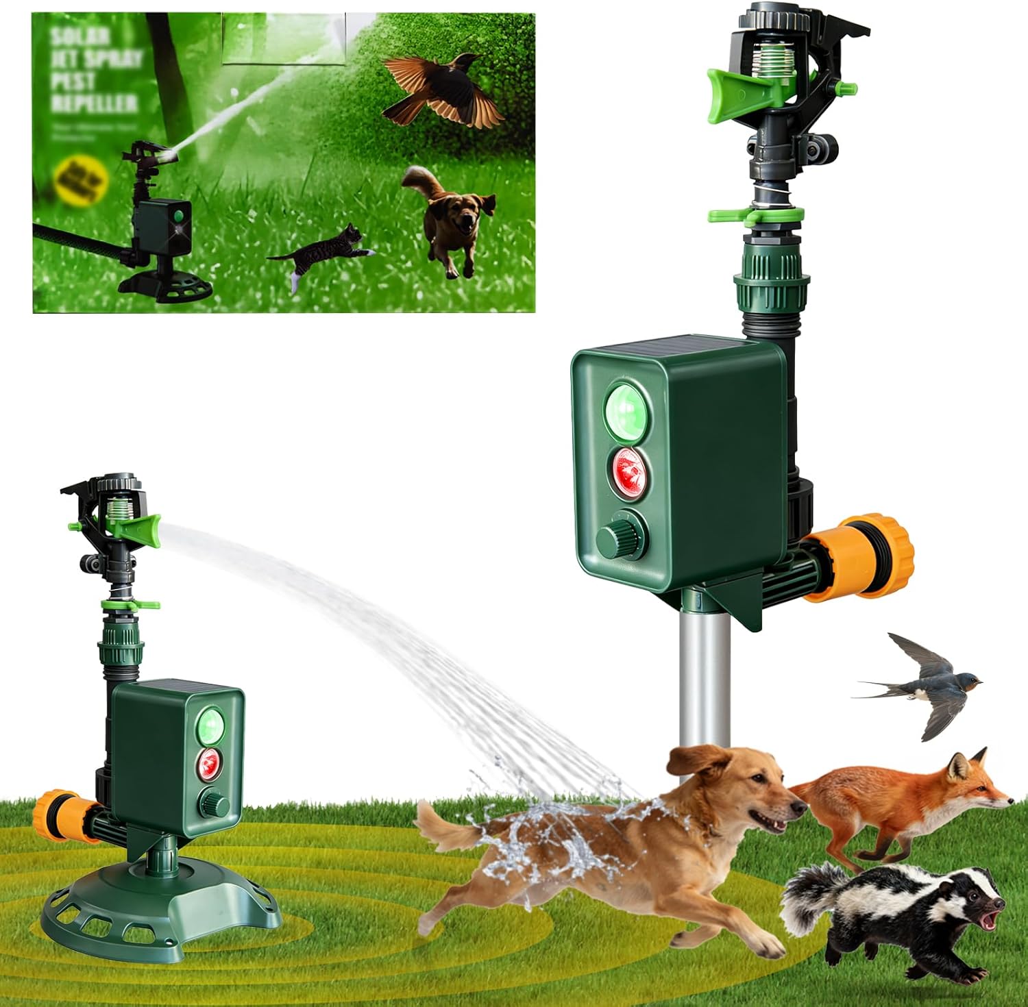 Solar Powered Motion Sensor Animal Repellent Sprinkler with Flashing Light, IP65 Waterproof Outdoor Deer & Dog Deterrent for Garden and Lawn Protection
