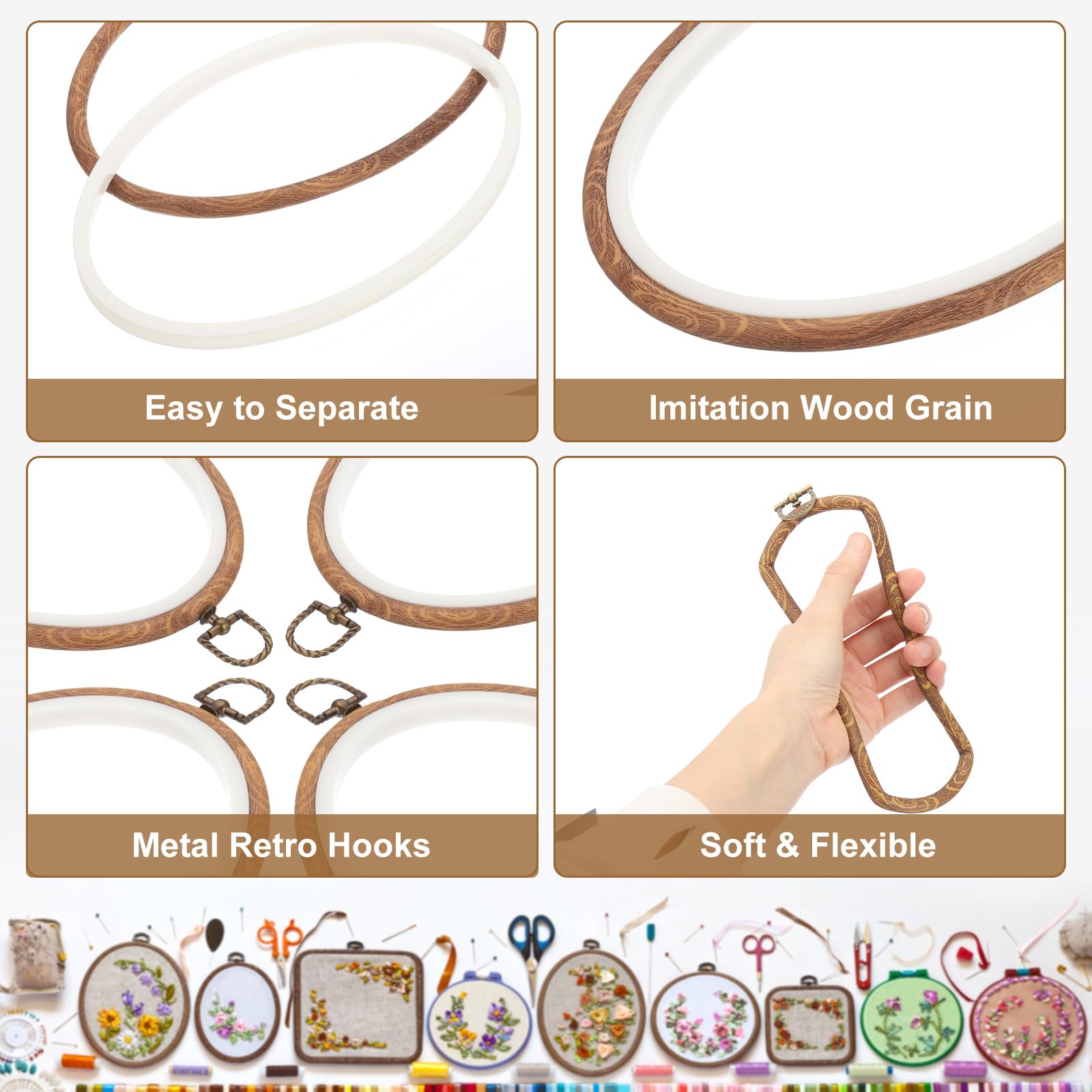 PATIKIL 10 Stück 21,3 x 14,4 cm Stickrahmen Set, Rahmen Imitiertes Holz Oval Kreuzstich Stickrahmen Ring für Stickkunst Handwerkliche Näharbeiten Dekoration