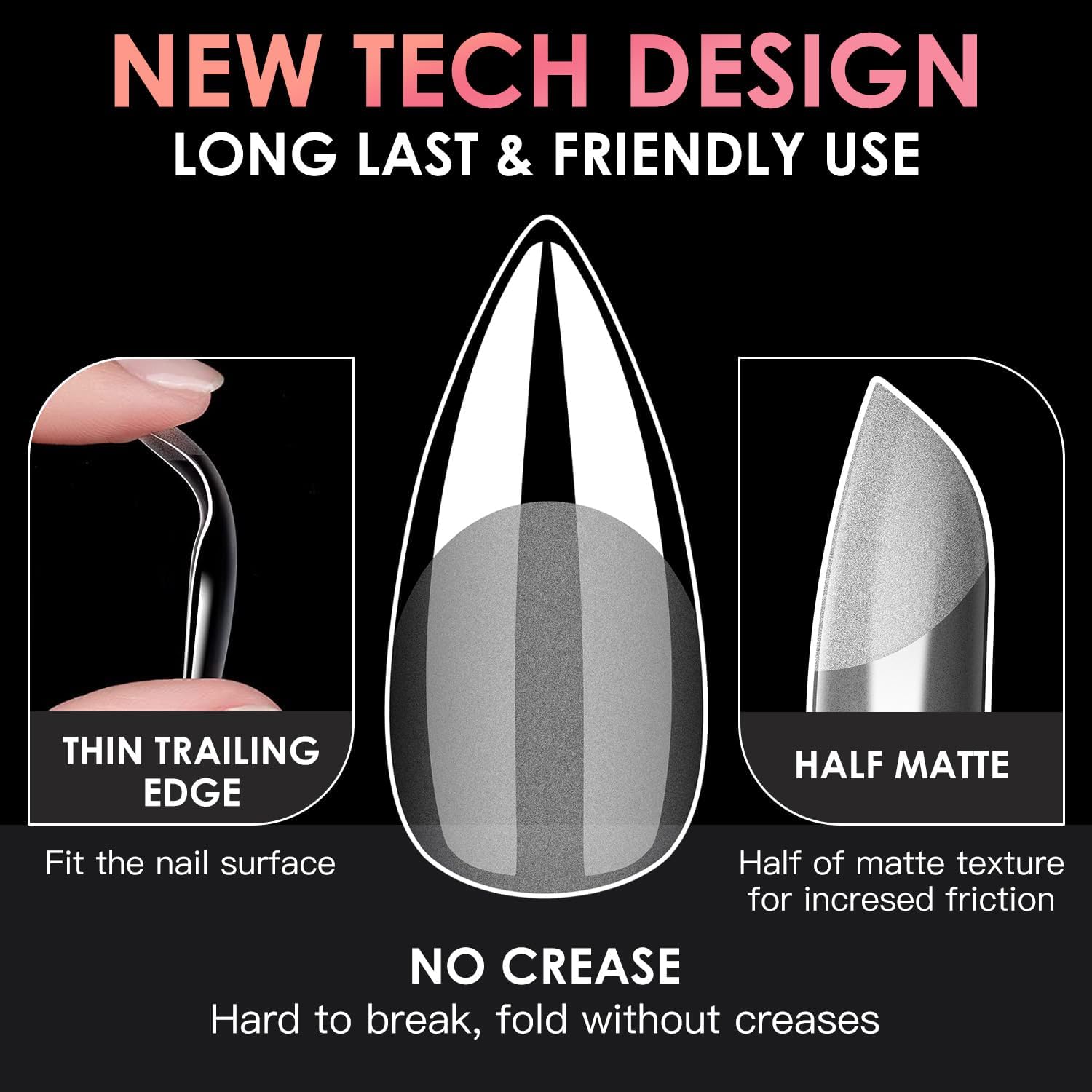 THR3E STROKES Soft Gel NailTips, Full Cover Clear Soft Nail Tips for Artificial False Nails Extension Nail Salons DIY NailArt with Box, 550PCS (SHORT STILETTO N13) - Image 2 thumbnail