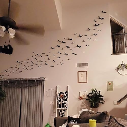 Miniatura 8 de EkkoVla Decoración de pared de murciélagos, 170 piezas de decoraciones de Halloween de murciélagos 3D, calcomanías de ventanas de 6 tamaños