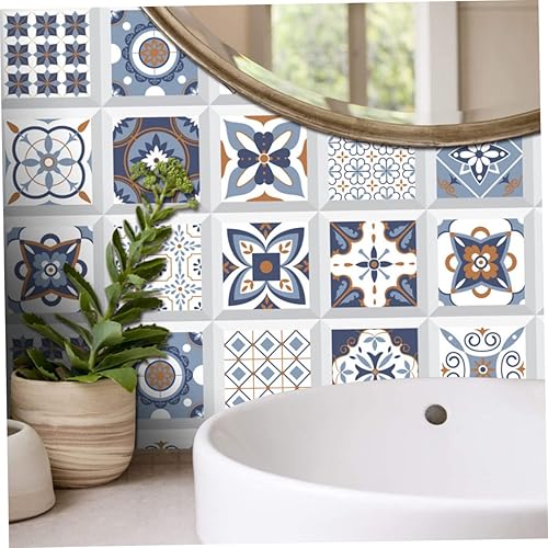 Vista 4 de Uonlytech 60 Pcs Tile Wall Stickers Kitchen Tile Stickers Mandala Tile Decal Peel and Stick Floor Sticker Carpet Tiles Retro Home Decor Tile Sticker