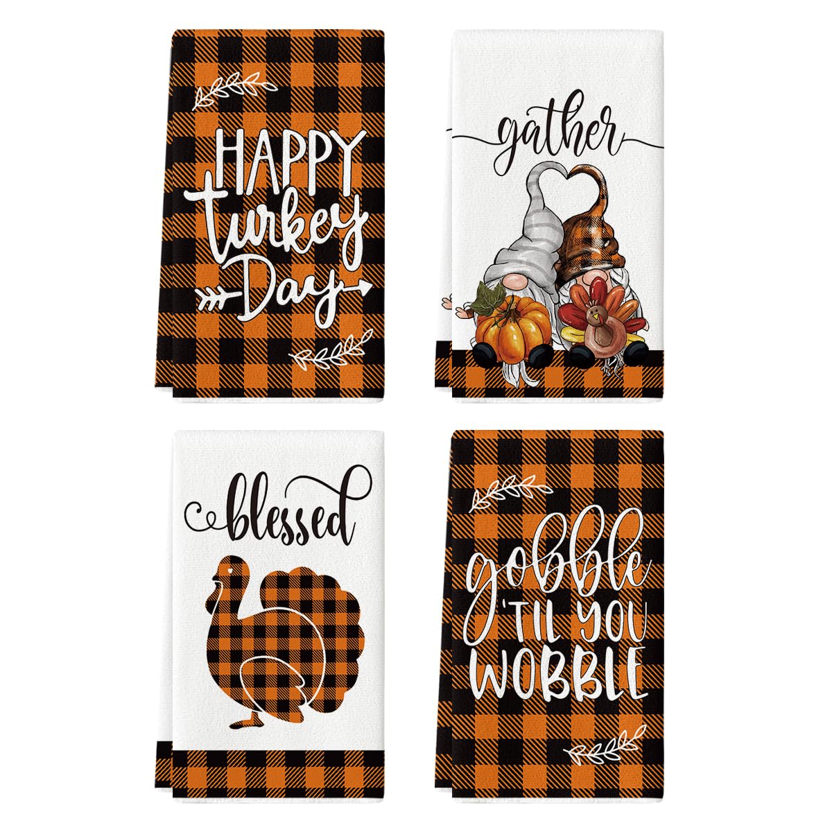 Artoid Mode Buffalo Plaid Turkey Thanksgiving Kitchen Towels and Dish Towels, 18 x 26 Inch Fall Harvest Thankful Vintage Daily Ultra Absorbent Drying Cloth Tea Towels for Cooking Baking Set of 4