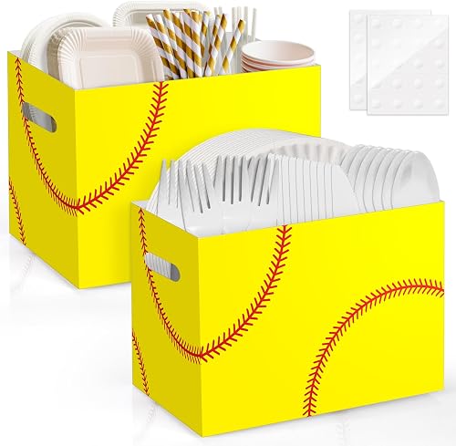 2PCS Softball Utensil Holder Paper Utensil Caddy for Softball Party Decorations Disposable Cutlery Holder with Handles for Birthday Party Supplies Girls Women Sports Party Favors Cutlery Caddy