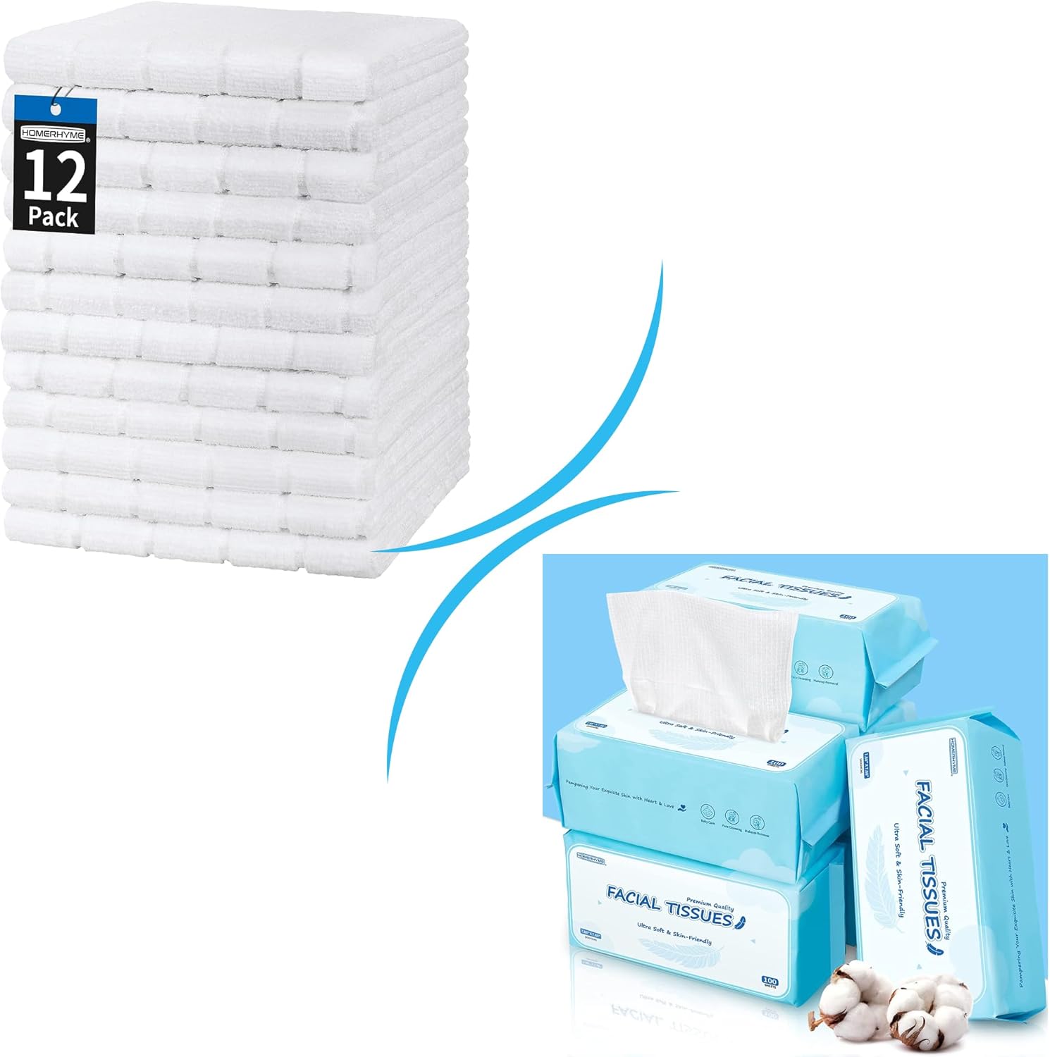 HOMERHYME Hand Towels, 12 Pack 25''*15'' White Microfiber Bathroom Hand Towels, with HOMERHYME Facial Towel, 600 Count Face Wipes Makeup Remover Cloth