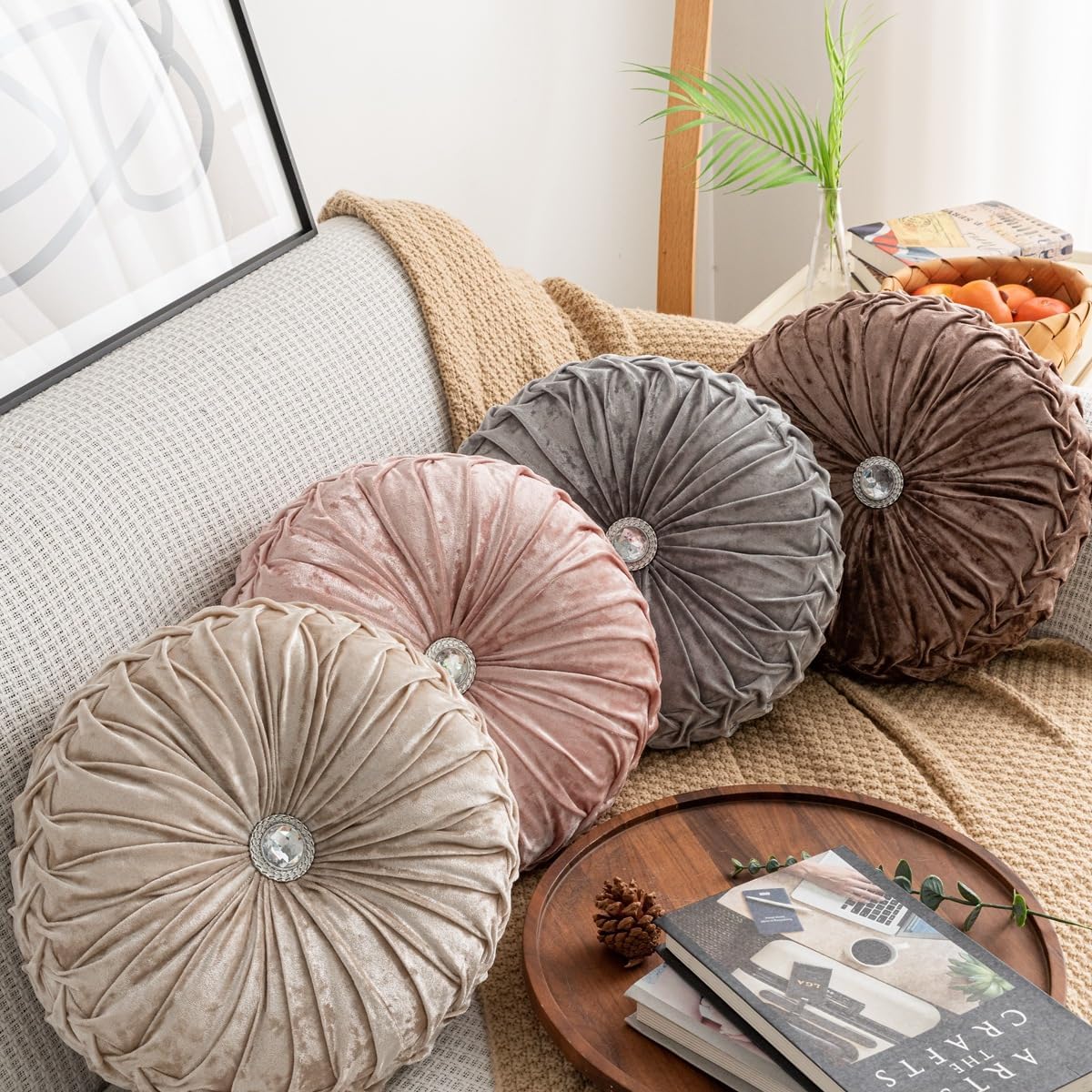 Round Throw Pillow 13.7 inch Ice Velvet Pleated Round Filled Pillow Home Decorative Pumpkin Throw Pillow Cushion for Sofa Couch Chair Bed Car Floor, Beige