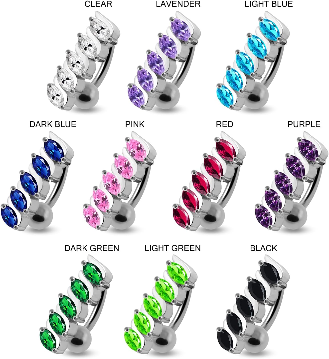 Fancy Multi Marquis Gems Reverse Bar Design 925 Sterling Silver with Stainless Steel Belly Ring - Belly Button jewelry - Navel jewelry