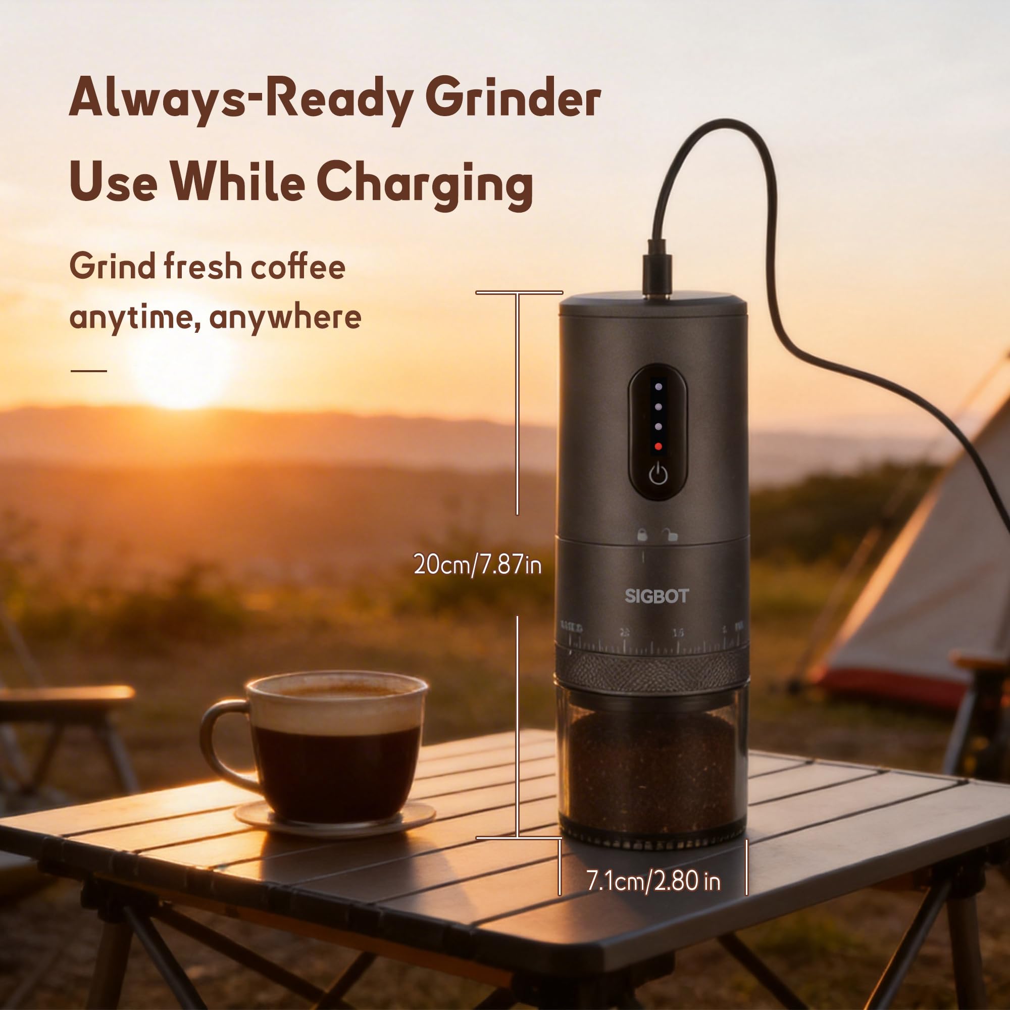 Sigbot Molinillo Cafe Electrico Portatil - Muelas Cónicas De Cerámica 38 Ajustes de Molienda Batería de 2000 mAh con Cable de Carga Tipo C Ideal para Viajes Acampadas la Oficina y el Hogar
