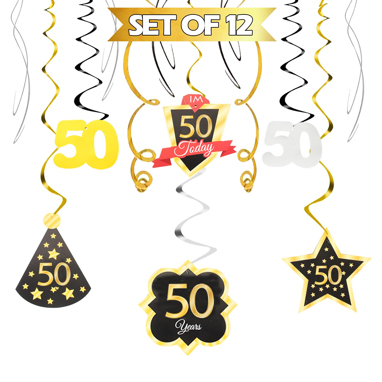 LINGTEER Happy 50th Birthday Swirls Streamers - Cheers to 50th Birthday Fifty Years Old Bday Party Hanging Decorations.