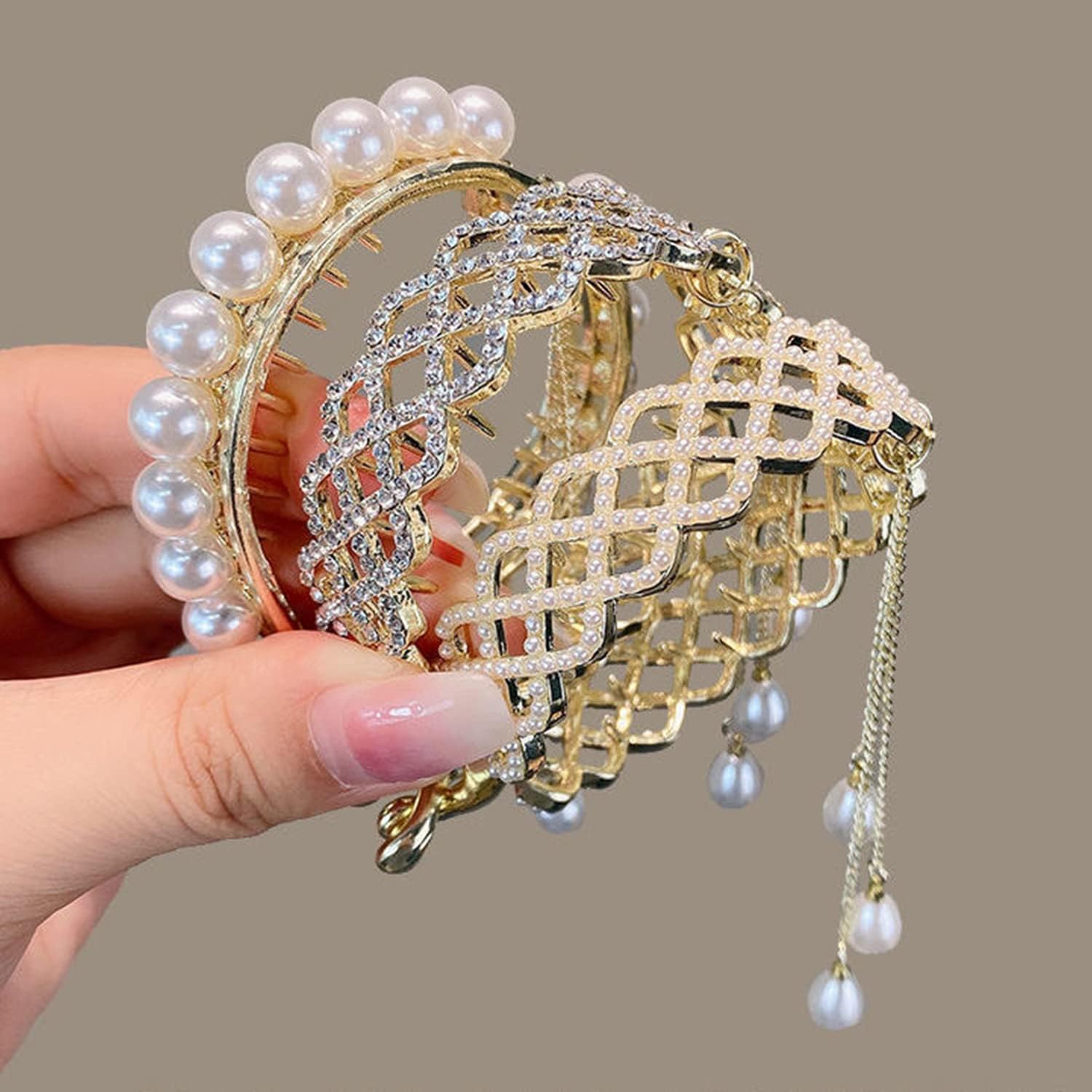 Zircon Pearls Tassel Ponytail Holder Hair Claws, Fashion Meatball Head Hair Ponytail Buckle, Rhinestone Hair Styling Claws, Women's Shining Headband Hair Circle (3Pcs)