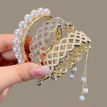 Zircon Pearls Tassel Ponytail Holder Hair Claws, Fashion Meatball Head Hair Ponytail Buckle, Rhinestone Hair Styling Claws, Womens Shining Headband Hair Circle 3Pcs