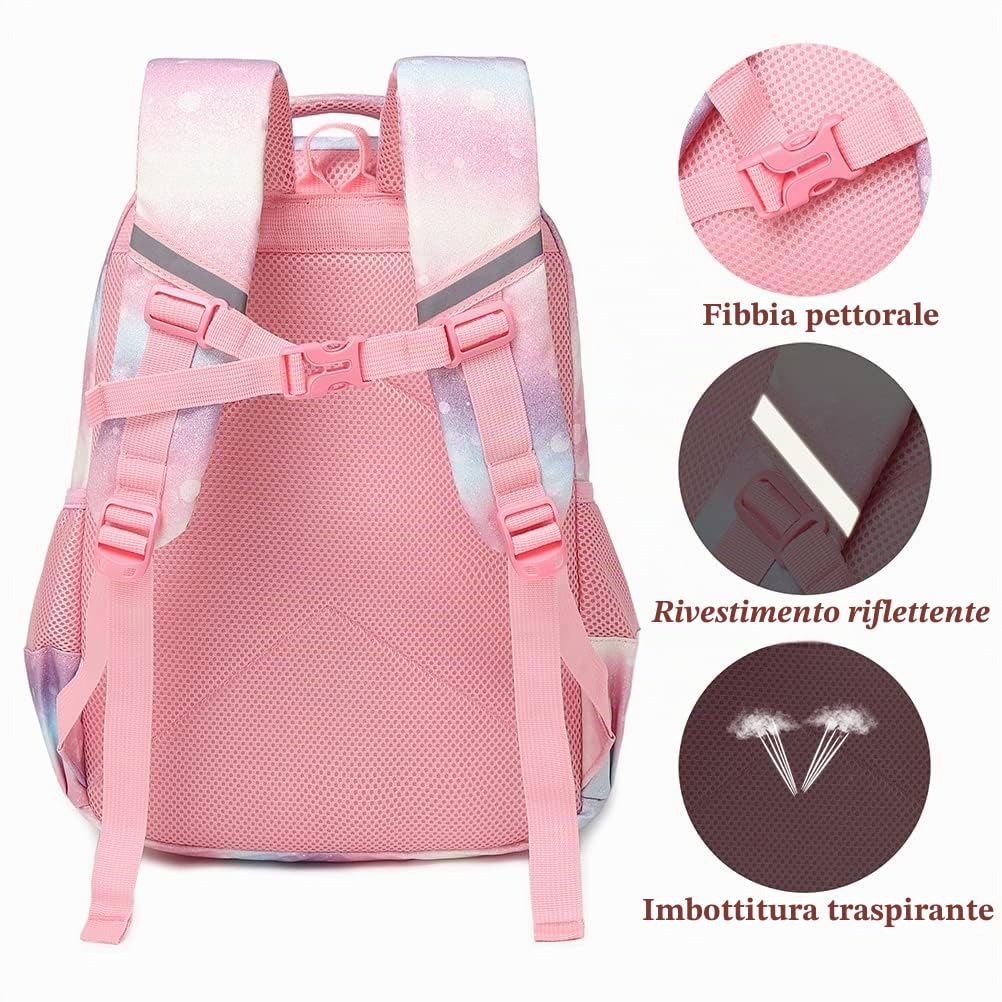 Kimwadalh Zaino Ragazza Zaini per la Scuola Primaria Borsa da Scuola per Ragazza Multicolor Schoolbag Ragazze Sacchetti di scuola Set di 3 Pezzi Zaini Glitterati + Astucci+ Borsa Lunch
