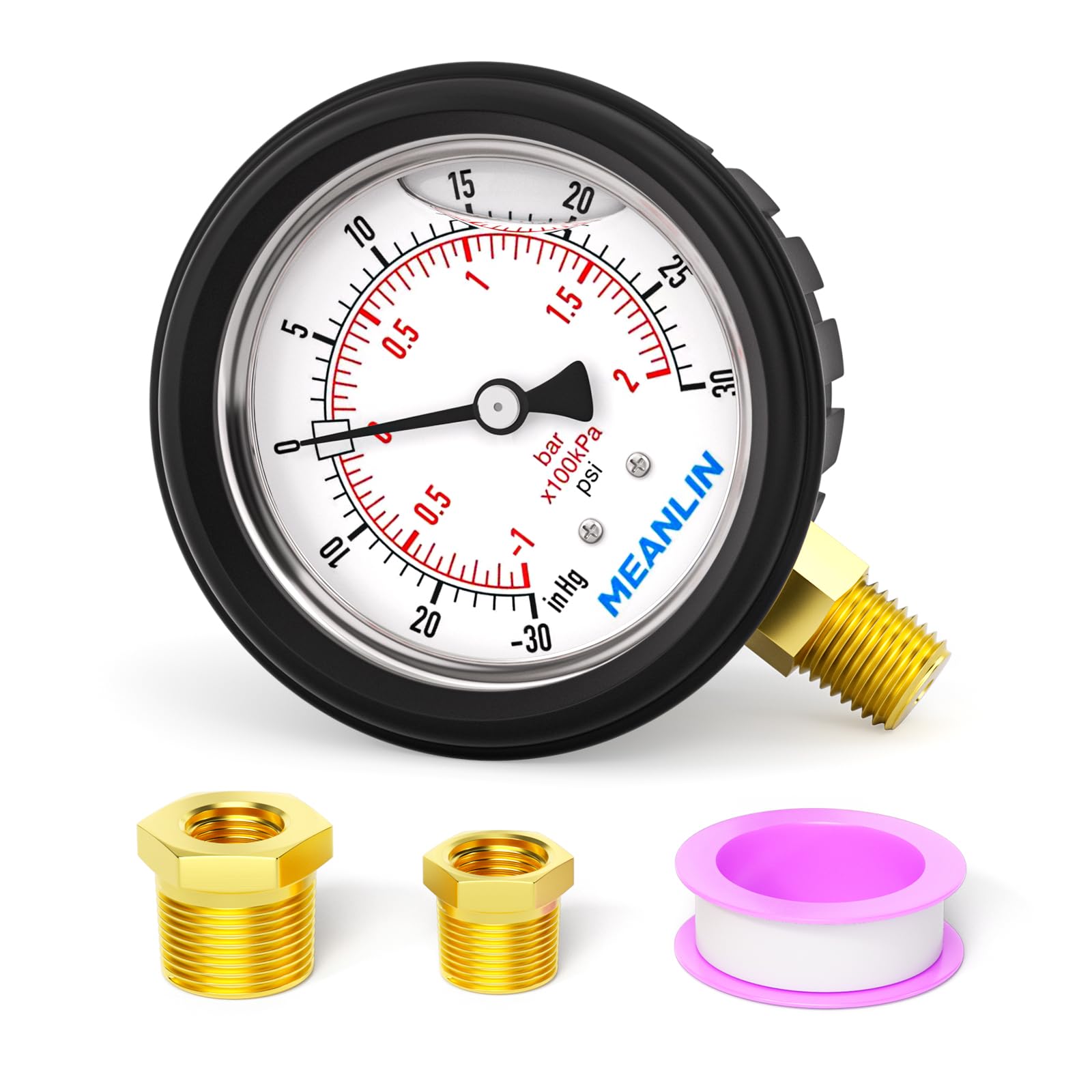MEANLIN MEASURE -30inHG~30Psi Stainless Steel 1/4" NPT 2.5" FACE DIAL Vacuum Pressure Gauge, Lower Mount (with Rubber Protective Sleeve), with 1/2"