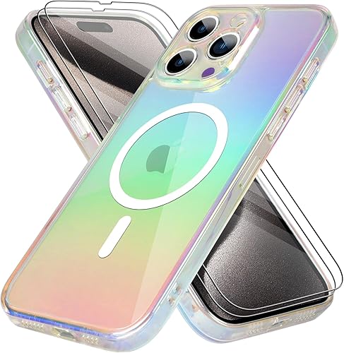 Bonoma Funda compatible con iPhone 15 Pro Max, funda de lujo con cristal iridiscente florescente con cristales iridiscentes, protector de cámara + 2