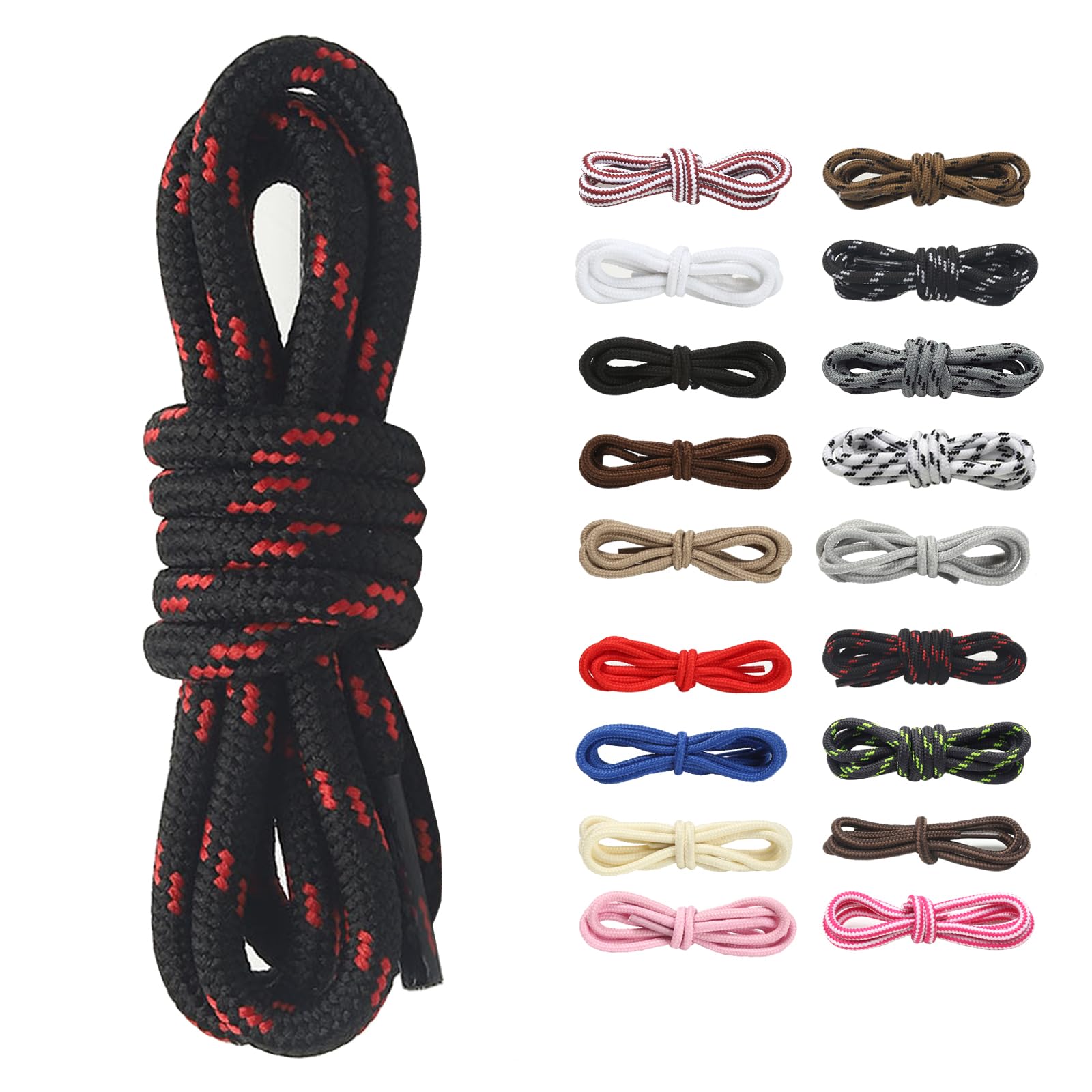 [Amerlery] 靴ひも 丸紐 シューレース 100cm 120cm 140cm 160cm 4mm幅 ブーツ用 靴紐 Shoelaces 2足分(4本) 適合登山靴、ブーツ、作業靴、カジュアルシューズ (ブラック/レッド, 100cm)