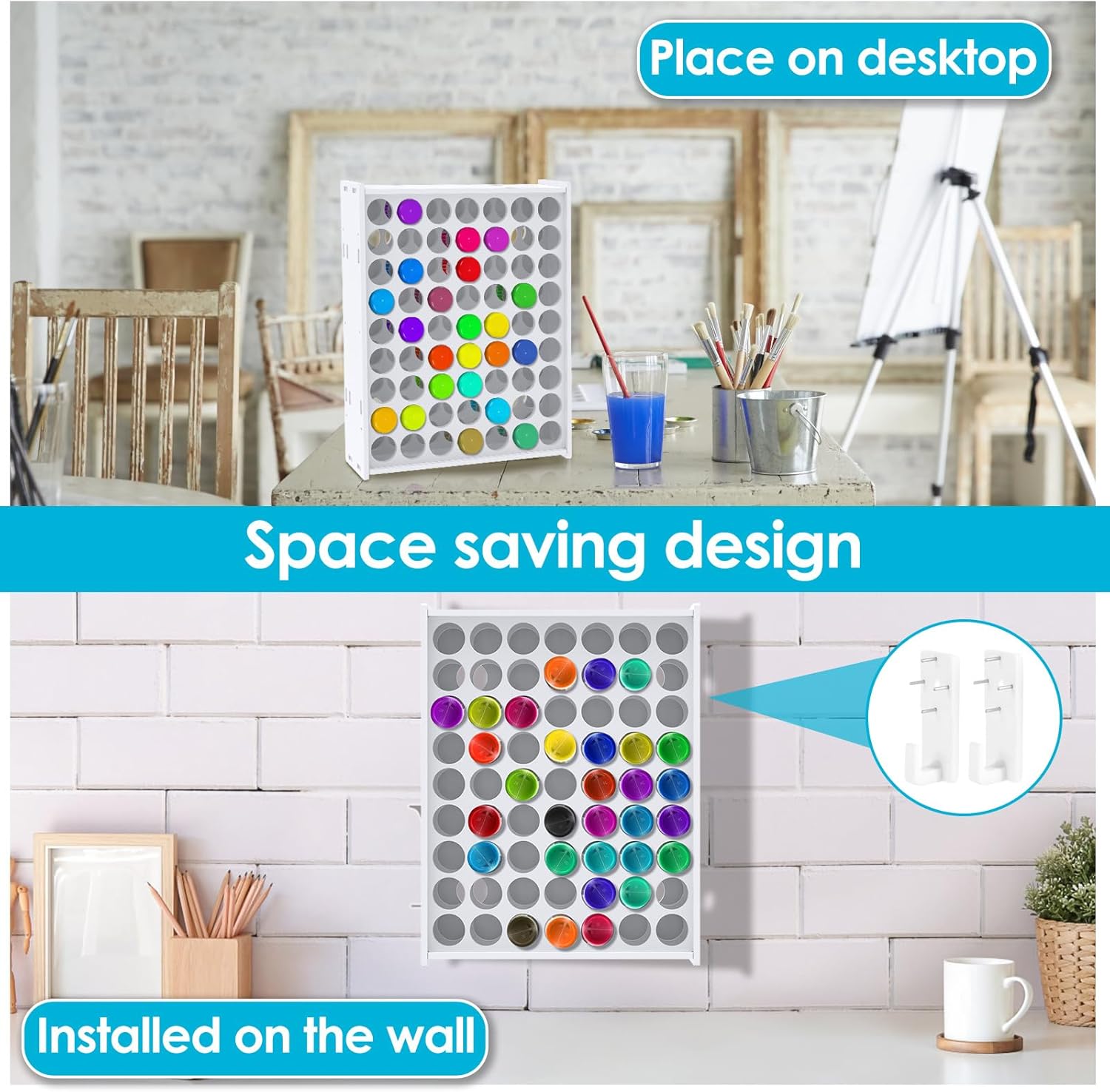 63 Holes Acrylic Paint Organizer, Craft Paint Storage Vertical Paint Rack Stand for 2oz Craft Paints Wall-Mounted Paint Holder Rack Paint Organizer Box Paint Bottle Organizer for Barrel Art Supplies