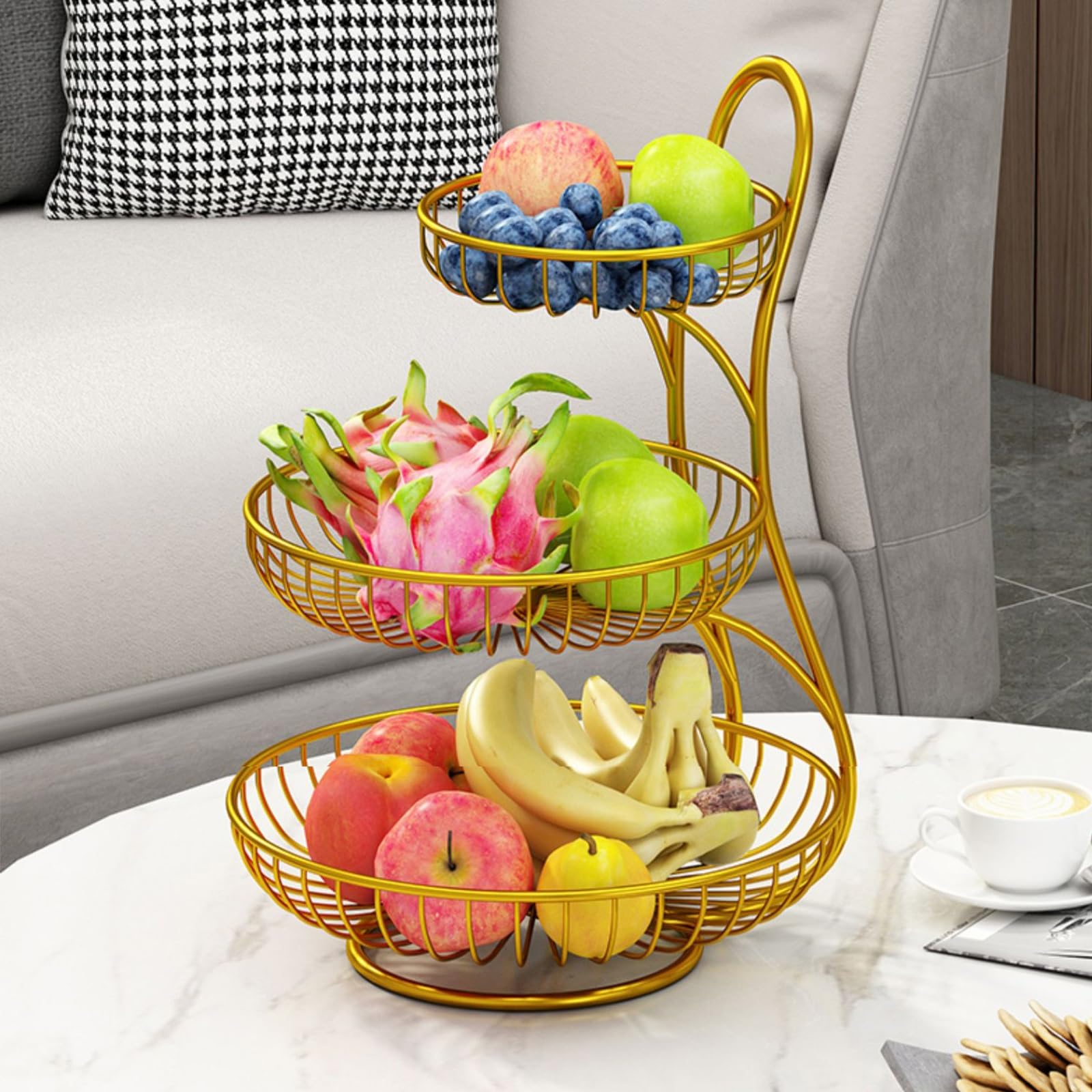 2/3-stufiger Früchtekorb Obstkorbständer Obstschale Metall, Gemüsekorb Obst Aufbewahrung for Küchentheke Esstisch(Gold,Double Layer)