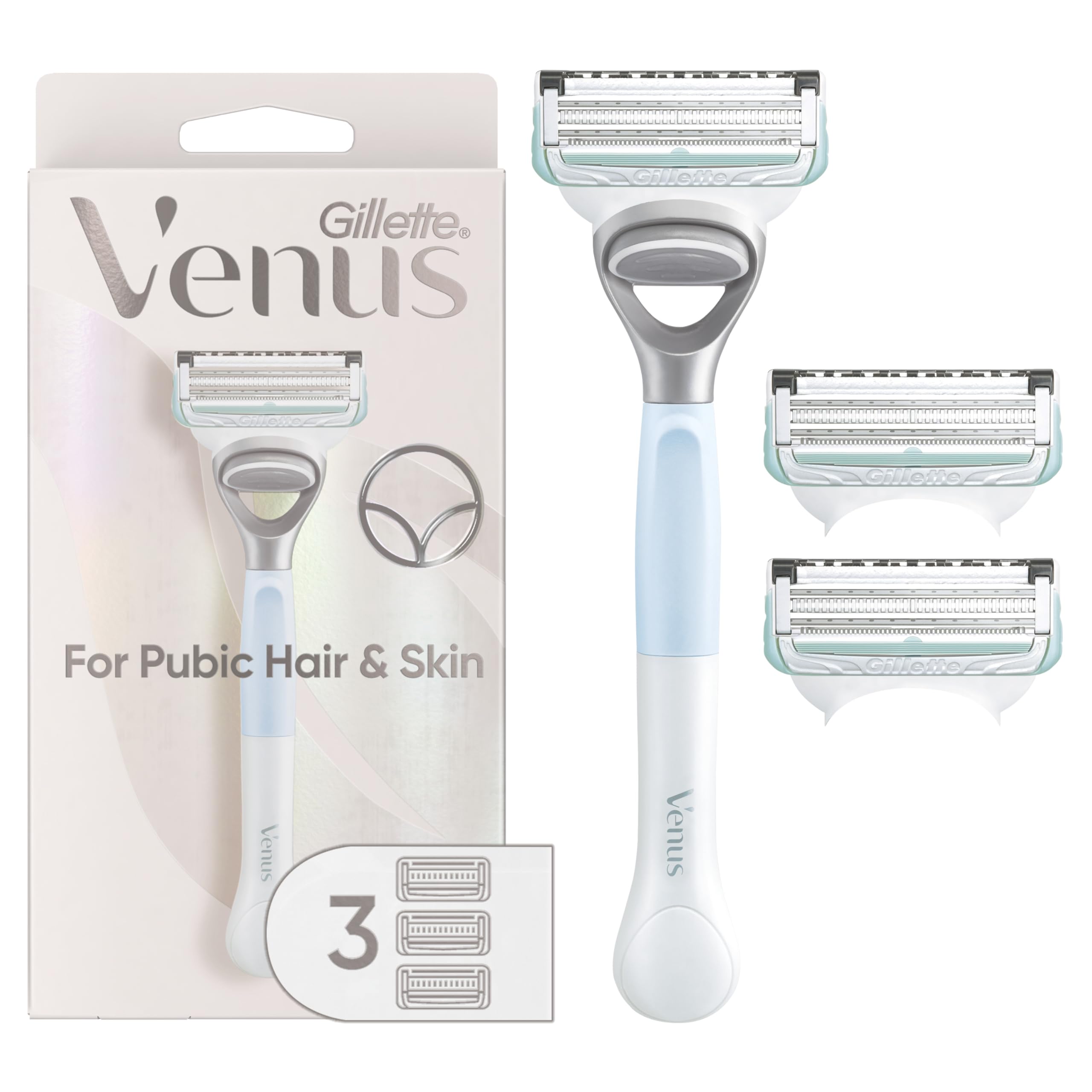Venus Womens Razors for Pubic Hair and Skin, 1 Razor + 3 Blade Refills for Intimate Bikini Grooming