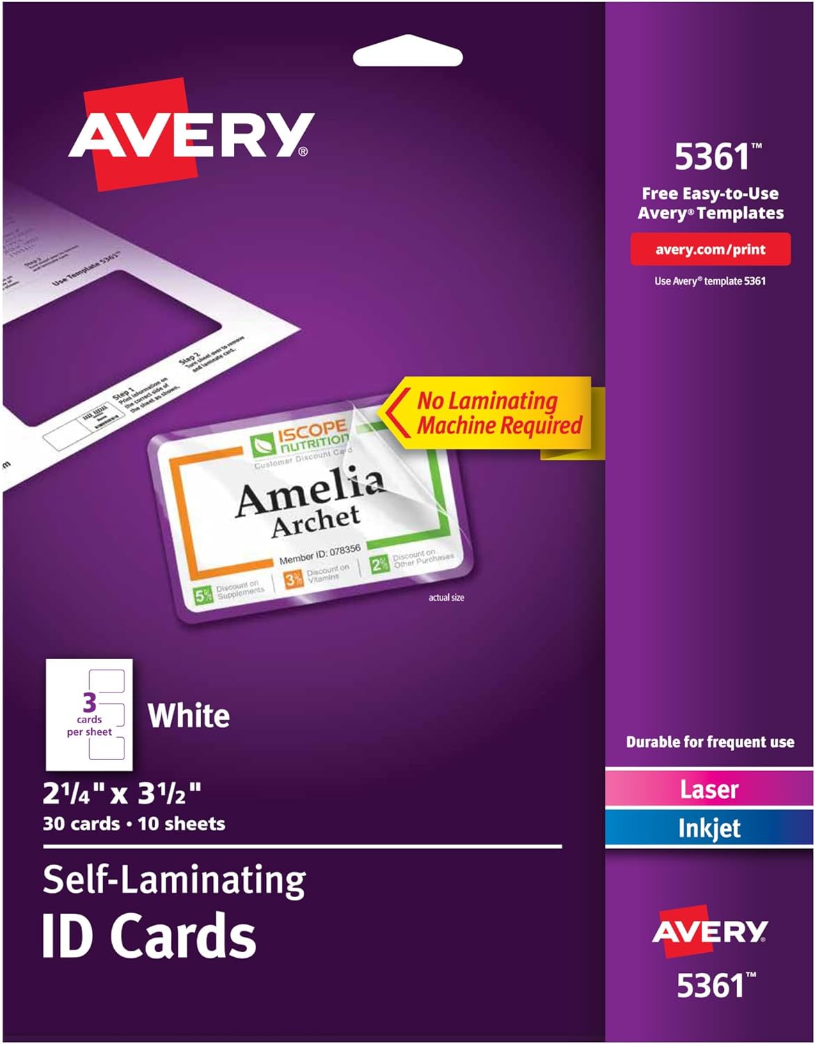 Avery 5361 Laminated Laser/Ink Jet id Cards, 2 x 31/4, 3 Cards/Sheet