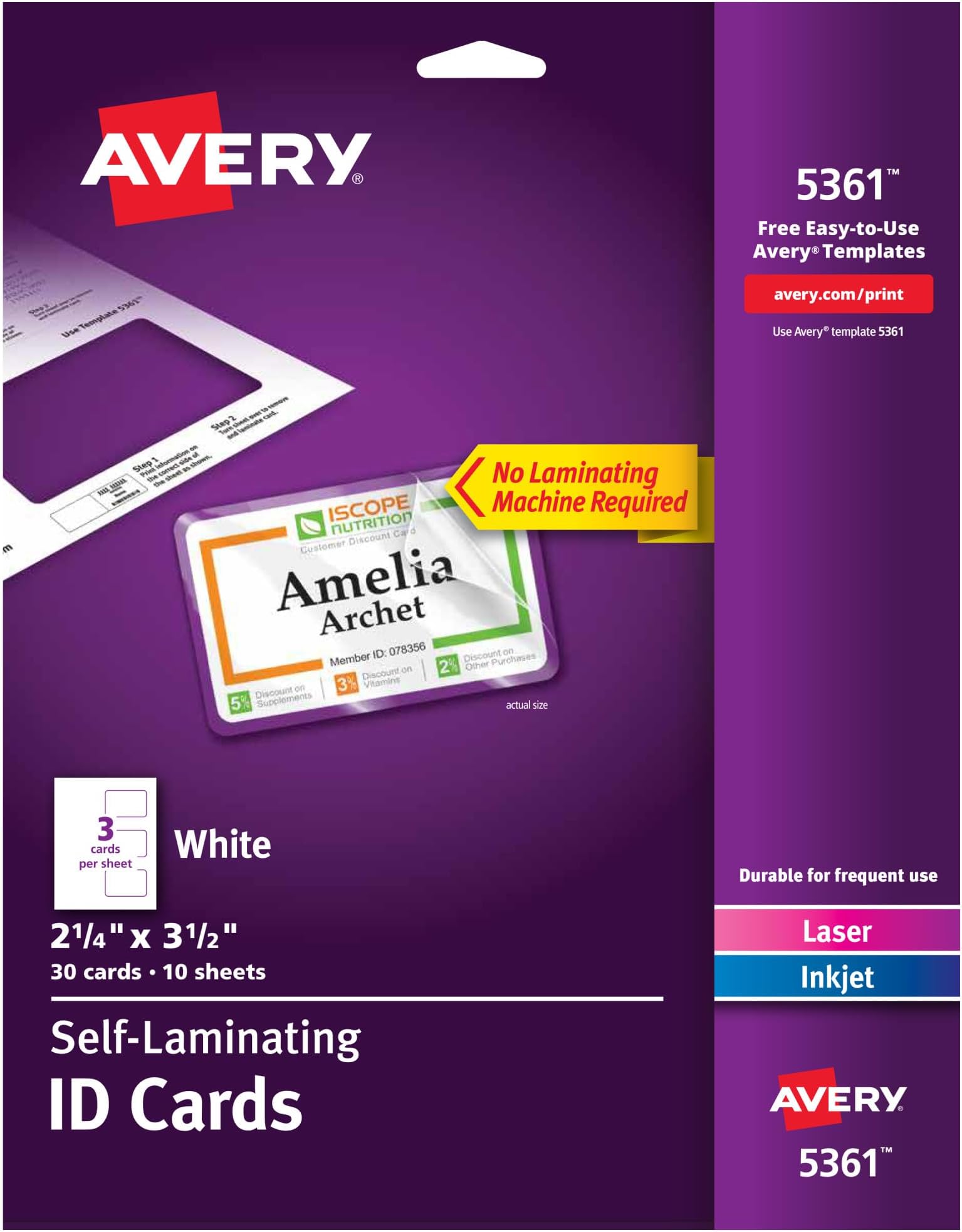 Avery Customizable Self-Laminating ID Cards, 2.25" x 3.5", White Printable Inserts, 30 Laminated ID Cards (5361)