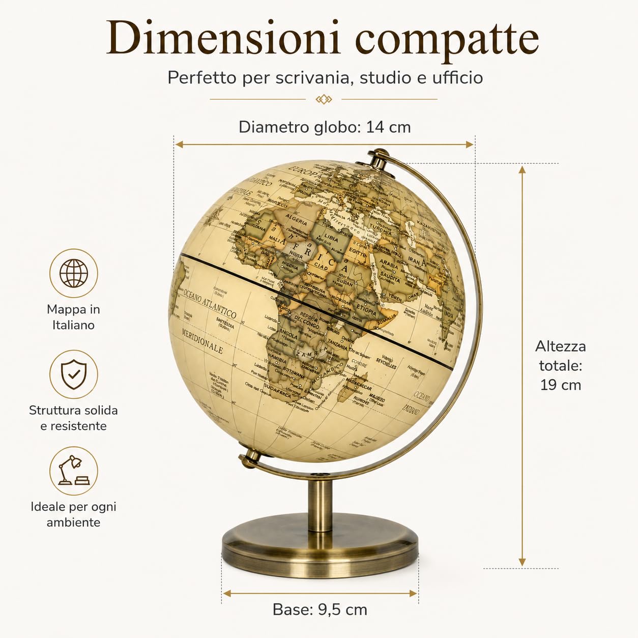 Exerz Mappamondo Antico 14cm Mappa Italiana Supporto Metallo Bronzo | Compatto per scrivania studio e libreria con finitura ideale per bambini adulti casa ufficio e regali Globo Terrestre Antico
