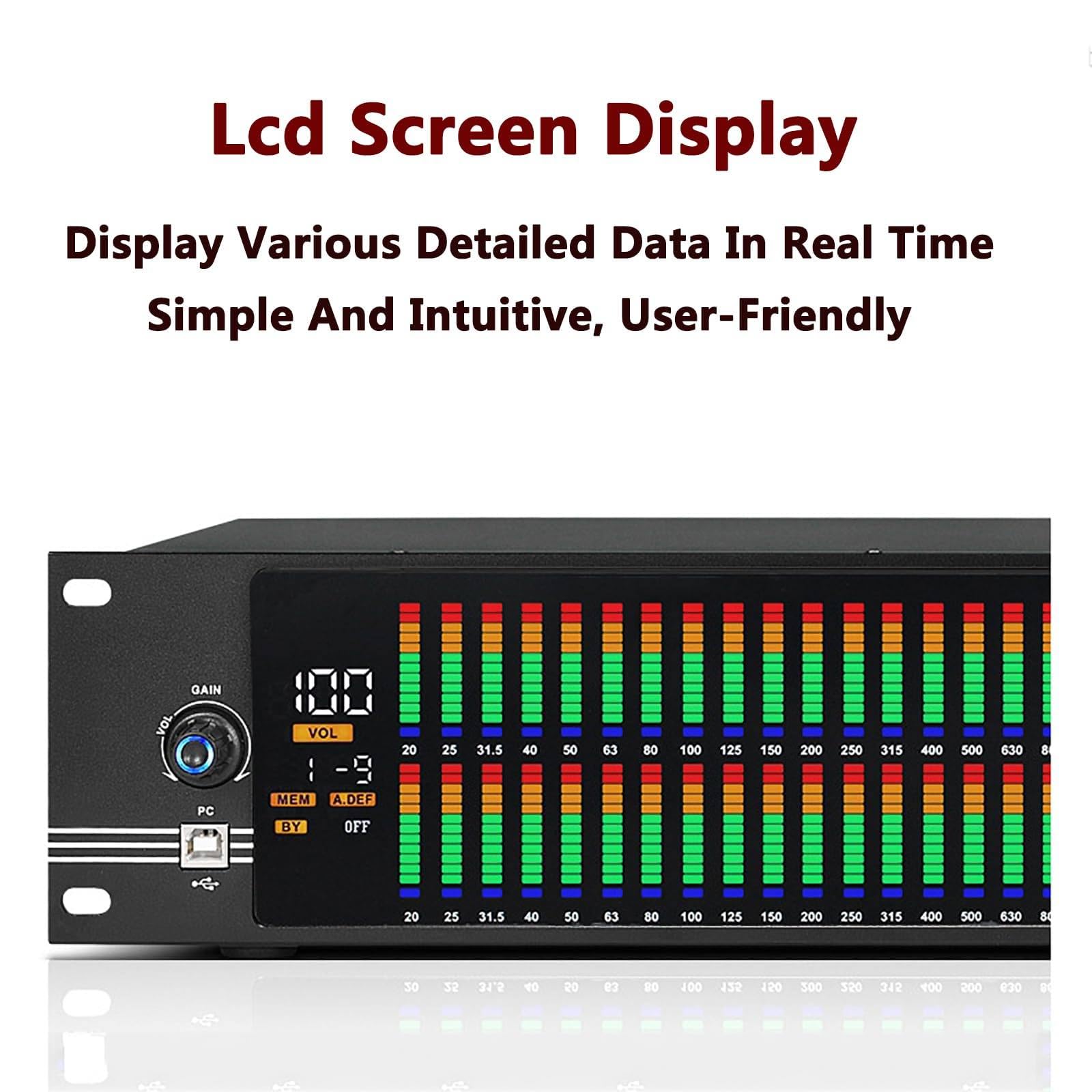 31-Band-Stereo-Grafik-Equalizer, 2-Kanal-Grafik-Equalizer, LED-Spektrumanzeige, 10 voreingestellte Effekte, automatische Rauschunterdrückung und PC-Tuning, Studio-Signalprozessor