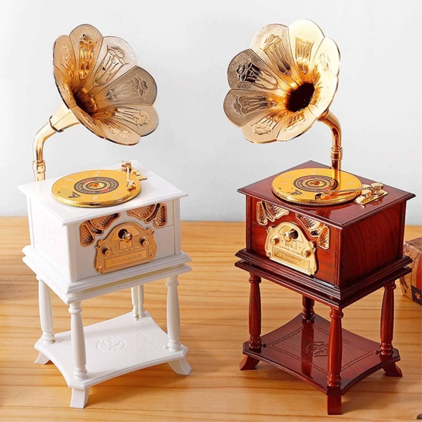 Caja de música de plástico para discos, fonógrafo, caja de música, almacenamiento de joyas, caja de música para decoración de Navidad, regalo de cumpleaños (marrón, 12,4 x 11,5 x 33,8 cm)