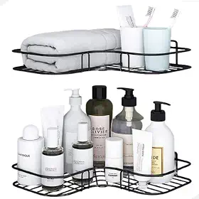 MLTM ECOM Prateleira de Canto para Banheiro e Cozinha Suporte Multifuncional Sem Furar Preto Kit com 2 Unidades Organizador de Parede para Shampoo e Sabonete