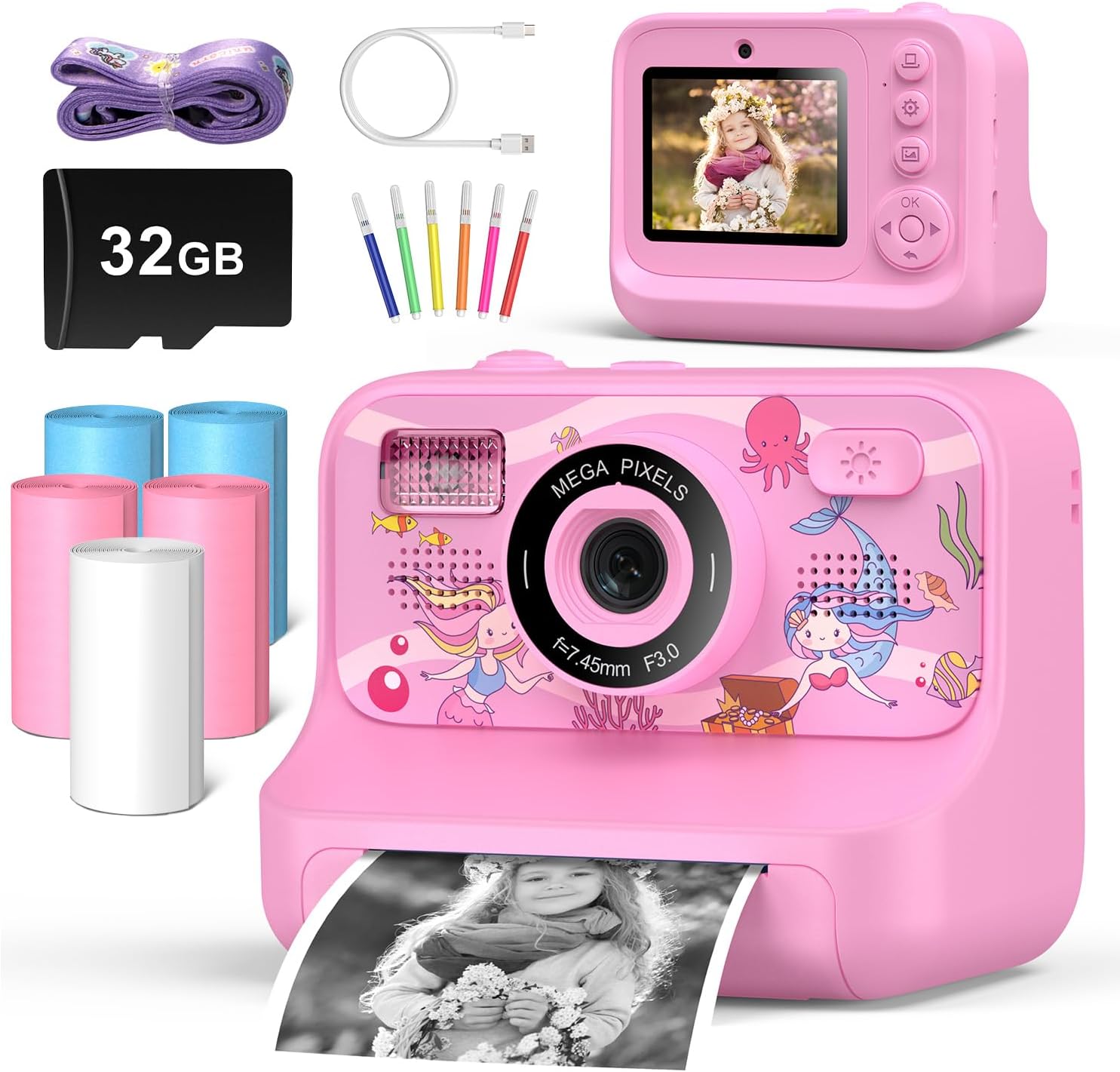 Instant Print Camera for Kids Age 3-12 Girls Boys 1080P HD Digital Video Cameras with 5 Print Paper & 32G Card Toddler Portable Travel Toys Camera for Christmas Birthday Gifts