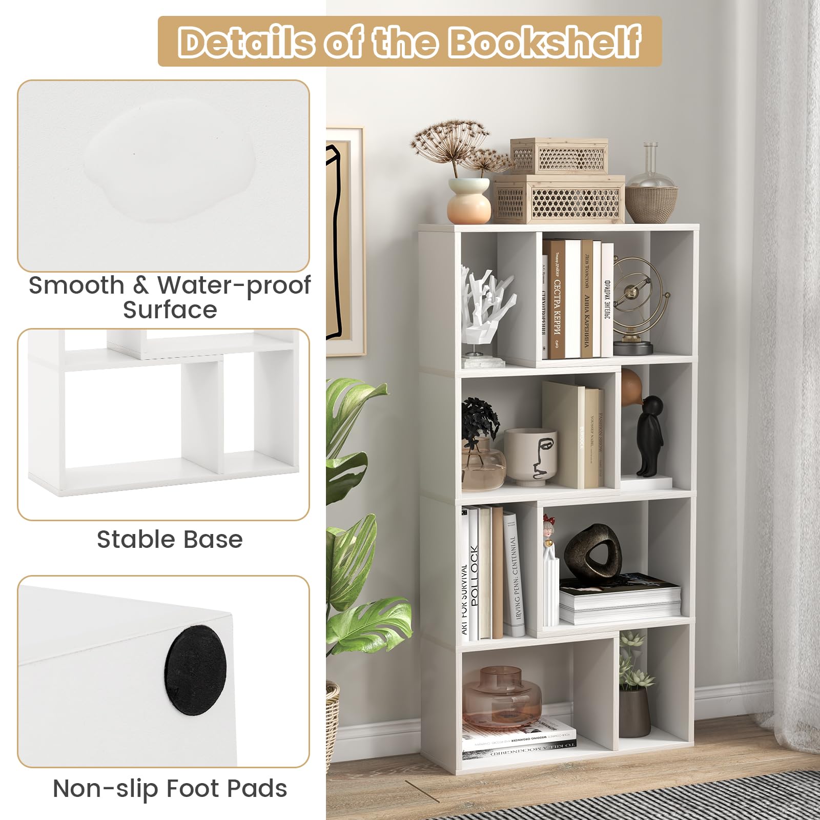 Libreria GIANTEX A 7 Cubi - 80x20x90 Cm, Bianco, Con Antiribaltamento - Per Camera, Ufficio O Soggiorno - Foto 10