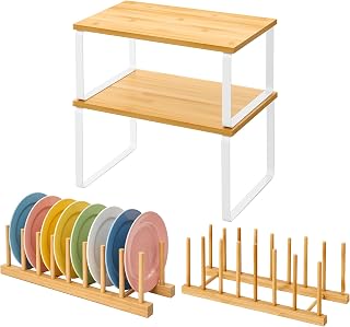 4PCS Plate Organizer for Cabinet, Bamboo Dish Rack & Stackable Shelf Set