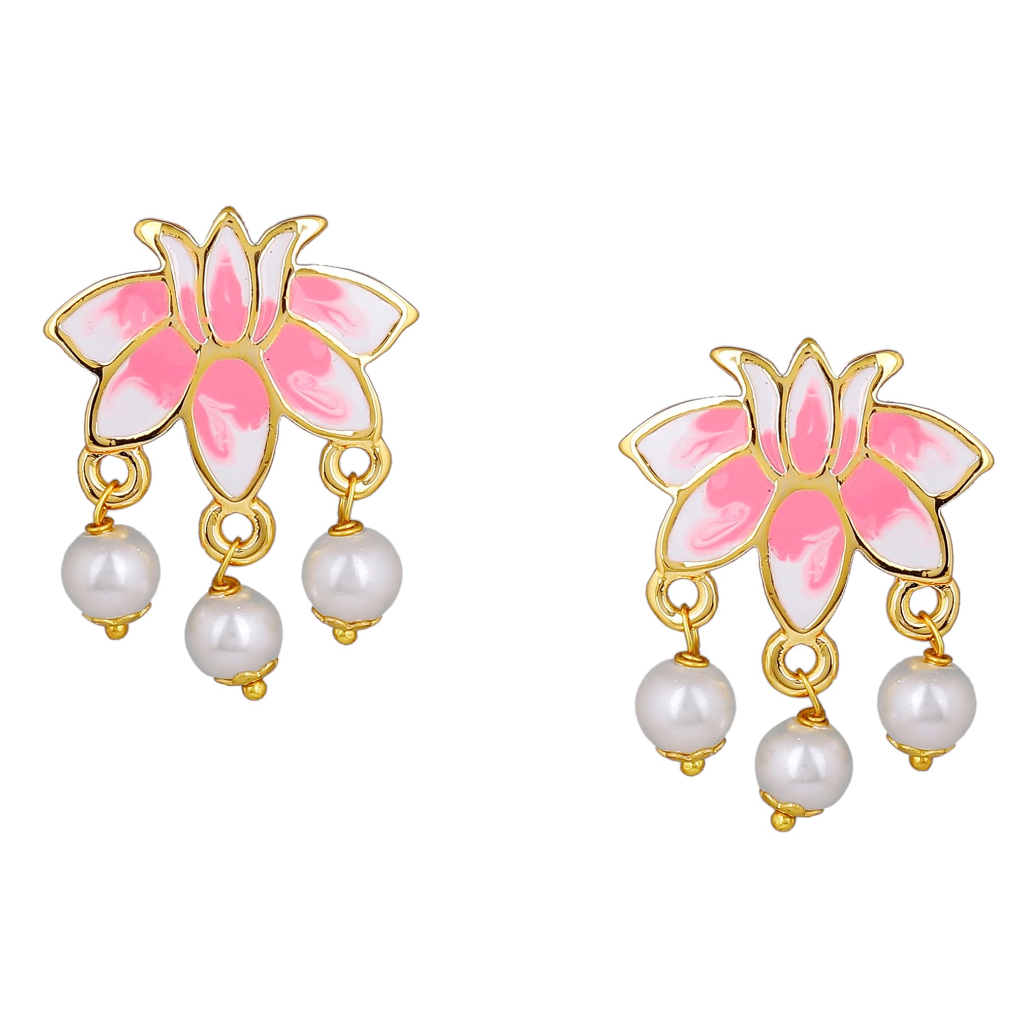 EsteleJewellery Fashion Earrings for Women Gold Plated Lotus Designer Elegant Pink and White Enamel Pearl Drop Earrings Versatile Chic for Women & Girls
