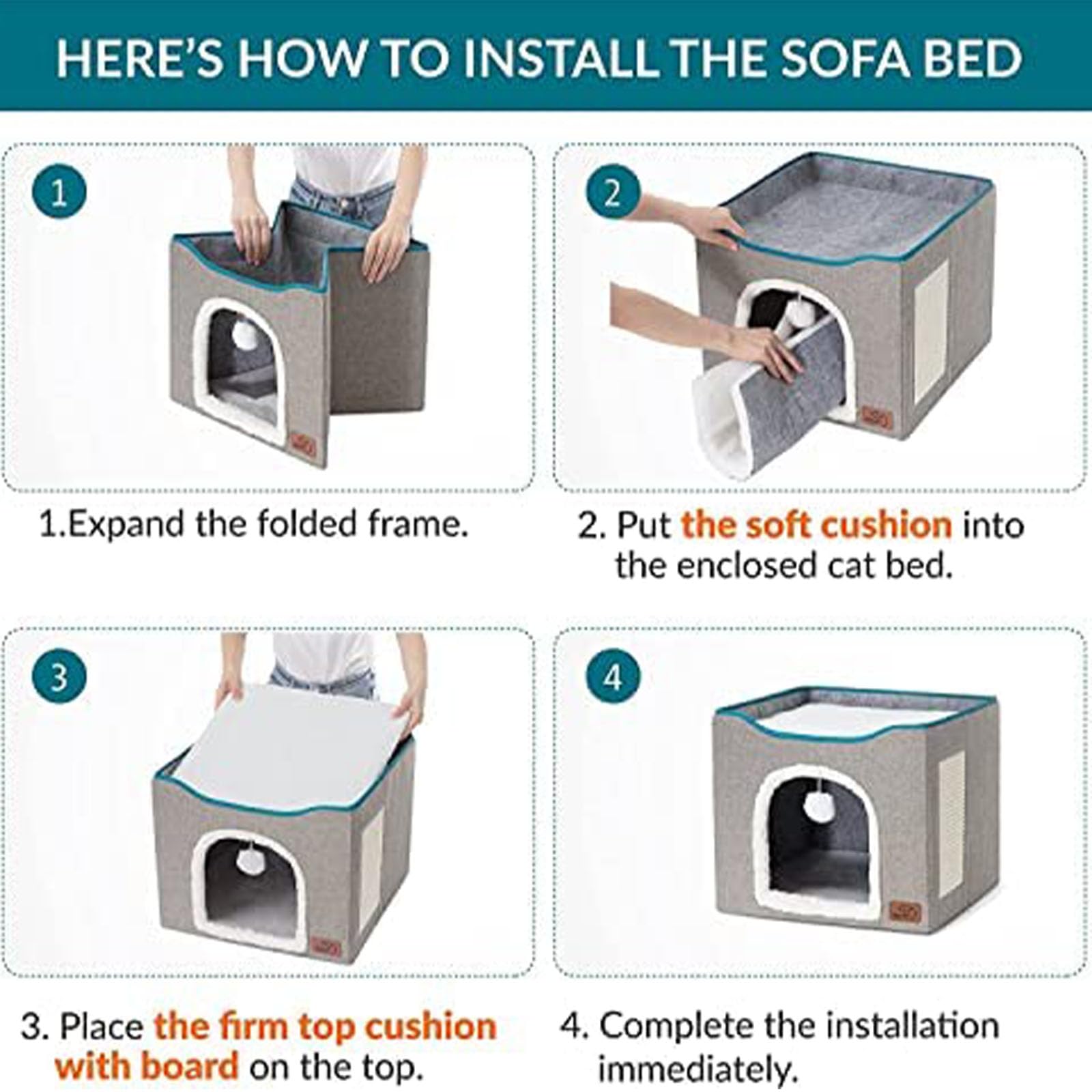 بيت وسرير قطط بحجم L قابل للطي مزود بلوح للخدش معلق وبكرة منفوشة من تبسيتنس، مقاس 41×41×35 سم لون رمادي