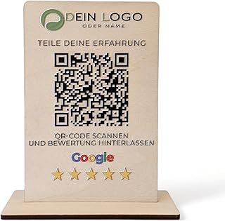 Personalisierter Google Bewertung QR-Code Aufsteller (8x12cm) – Hochwertiger UV-Farbdruck mit Textur & Logo auf Holz