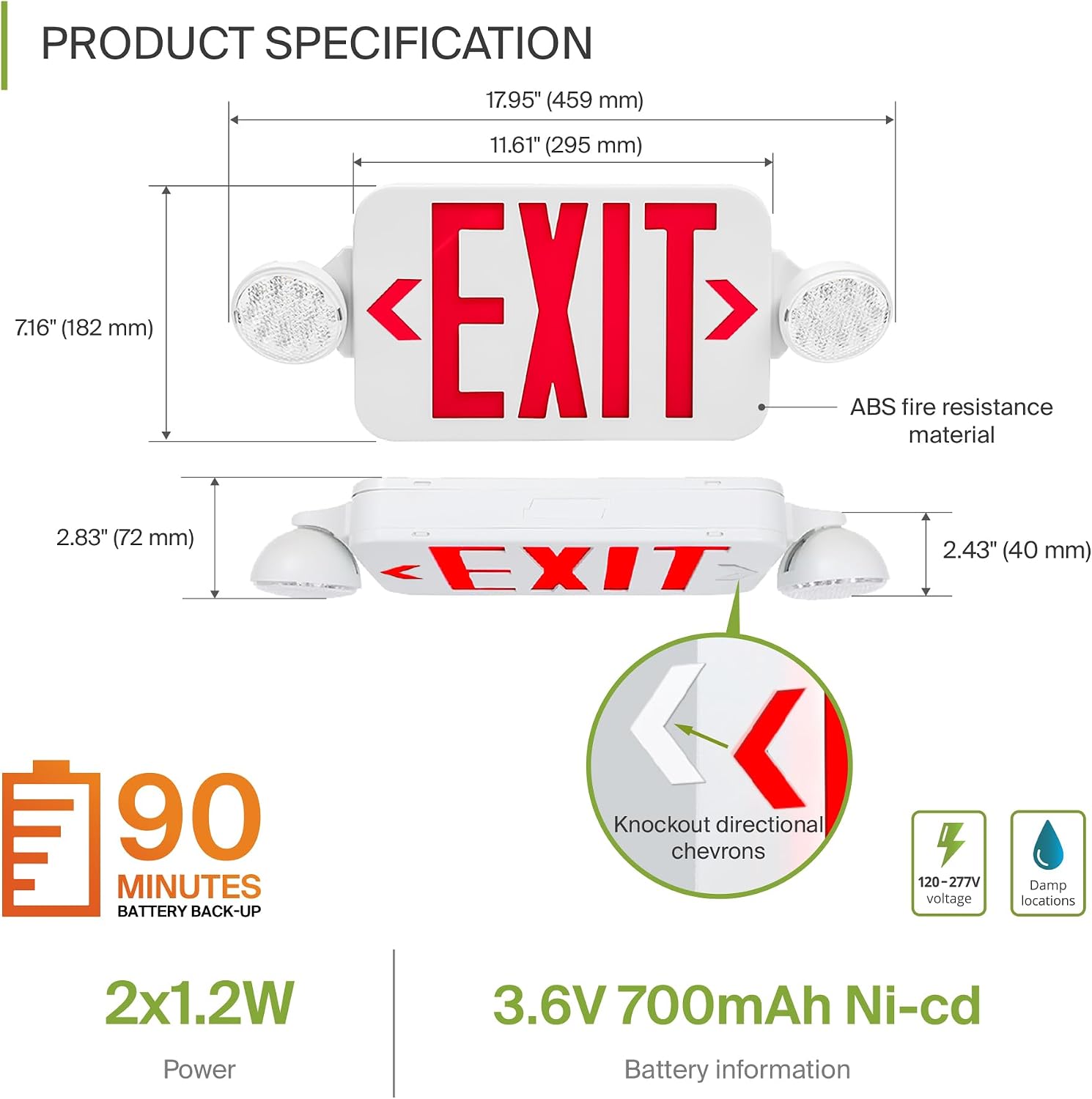 ASD LED Emergency Exit Sign with Battery Backup - 120-277V UL Double Face Rotatable Lighted Exit Signs with Emergency Lights for Business, Commercial Battery Operated LED Sign Power Outage image 2
