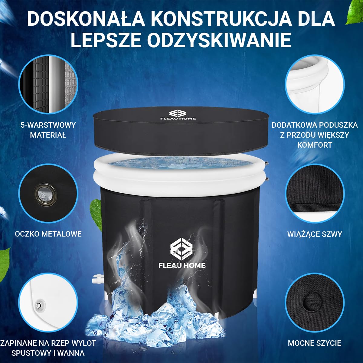 Fleau Home Kąpiel lodowa XXL PRO – basen z pokrywą i pompką – unikalny model izolacyjny – podwójna poduszka do siedzenia – wanna nadmuchiwana – wanna – nadmuchiwana – metoda Wim Hof
