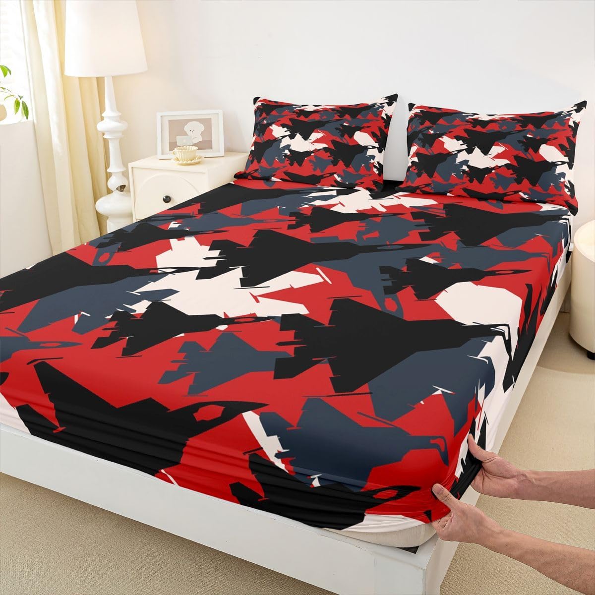 Red Black Camo Queen Bed Bedding Set - Airplane Silhouette - Deep Pocket Sheets, Fitted & Flat - Modern Geometric Abstract Camo - 4pcs