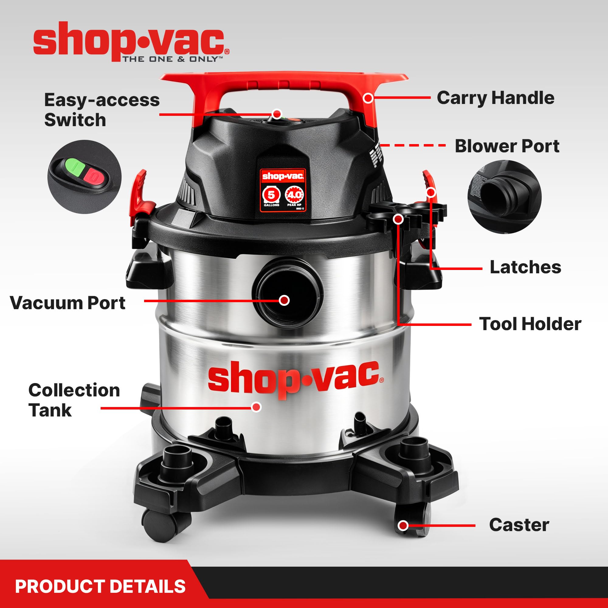 Shop-Vac 5430162 Aspiradora húmeda/Seca, 5 galones, 4 Puntos HP, Manguera de 3,5 cm de diámetro x 1,8 m, Cable de 1,8 m de Largo, Ideal para Lugares de Trabajo, Garaje, Taller y hogar
