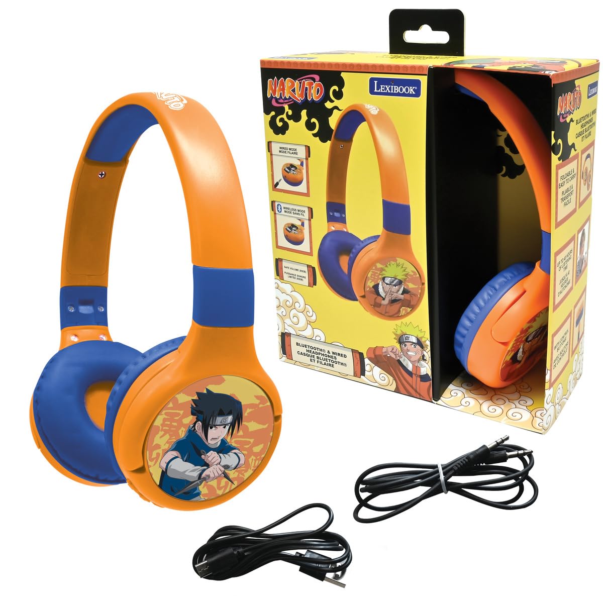 LEXiBOOK, Naruto, 2-in-1 Bluetooth & Wired Headphones with Microphone and Control Buttons, Foldable and Adjustable, Long-Lasting Rechargeable Battery, Orange/Blue, HPBT010NA