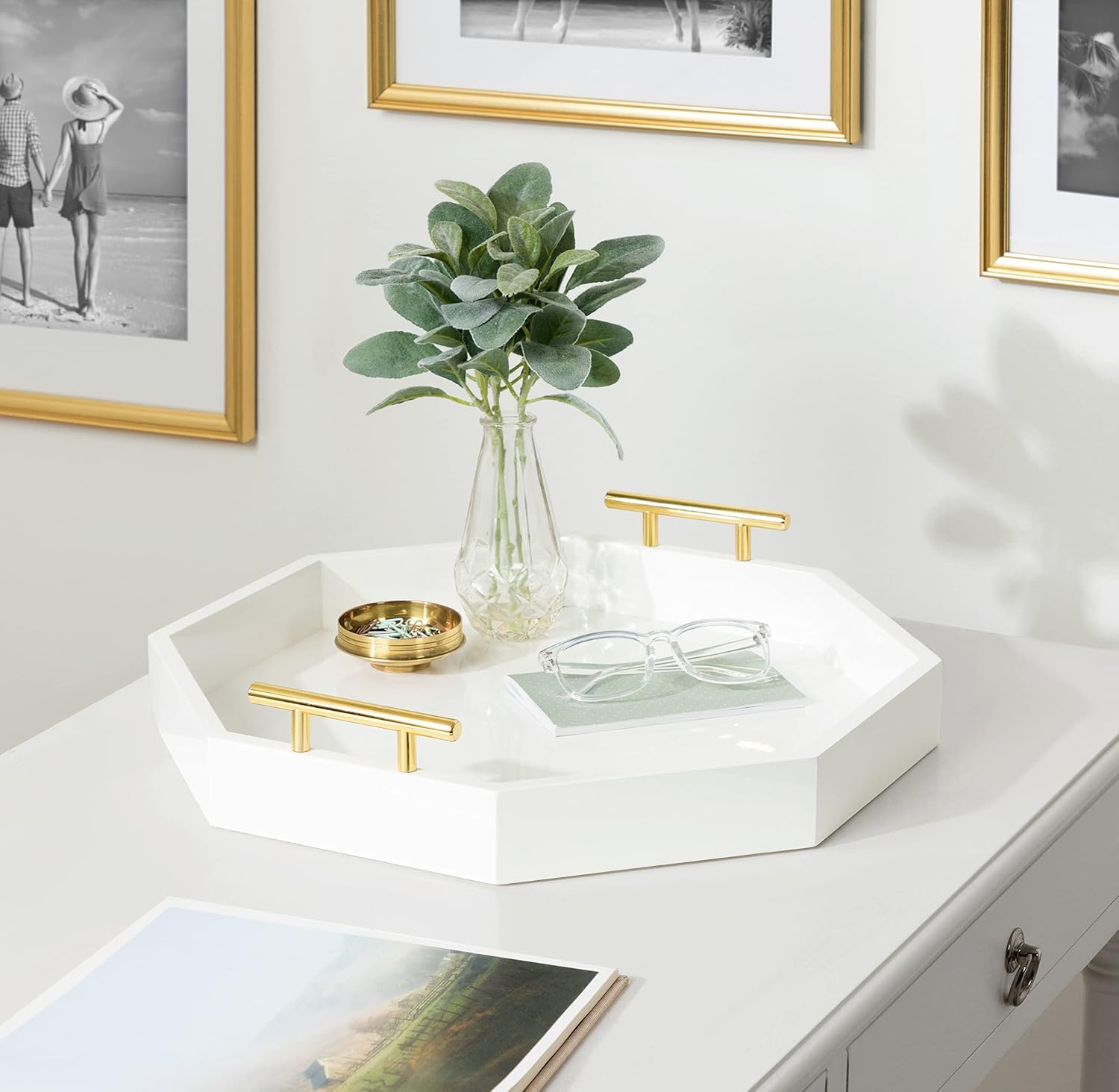 Kate and Laurel Lipton Decorative Modern Octagon Tray; 18 x 18; White and Gold; Chic Serving Tray for Storage; Organization; and Display