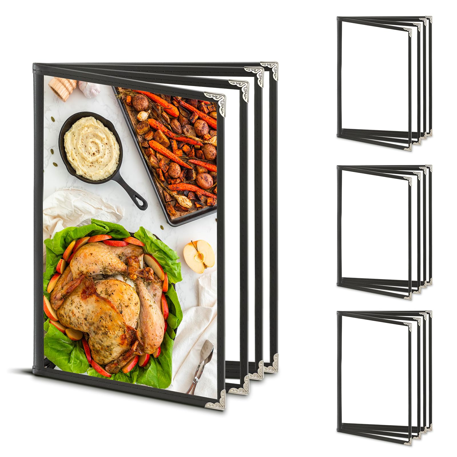 Paquete de 4 cubiertas de menú A4, 4 páginas, 8 vistas, cubierta transparente para menú de restaurante para papel de tamaño A4 estándar, soportes de menú transparentes plegables negros con protectores